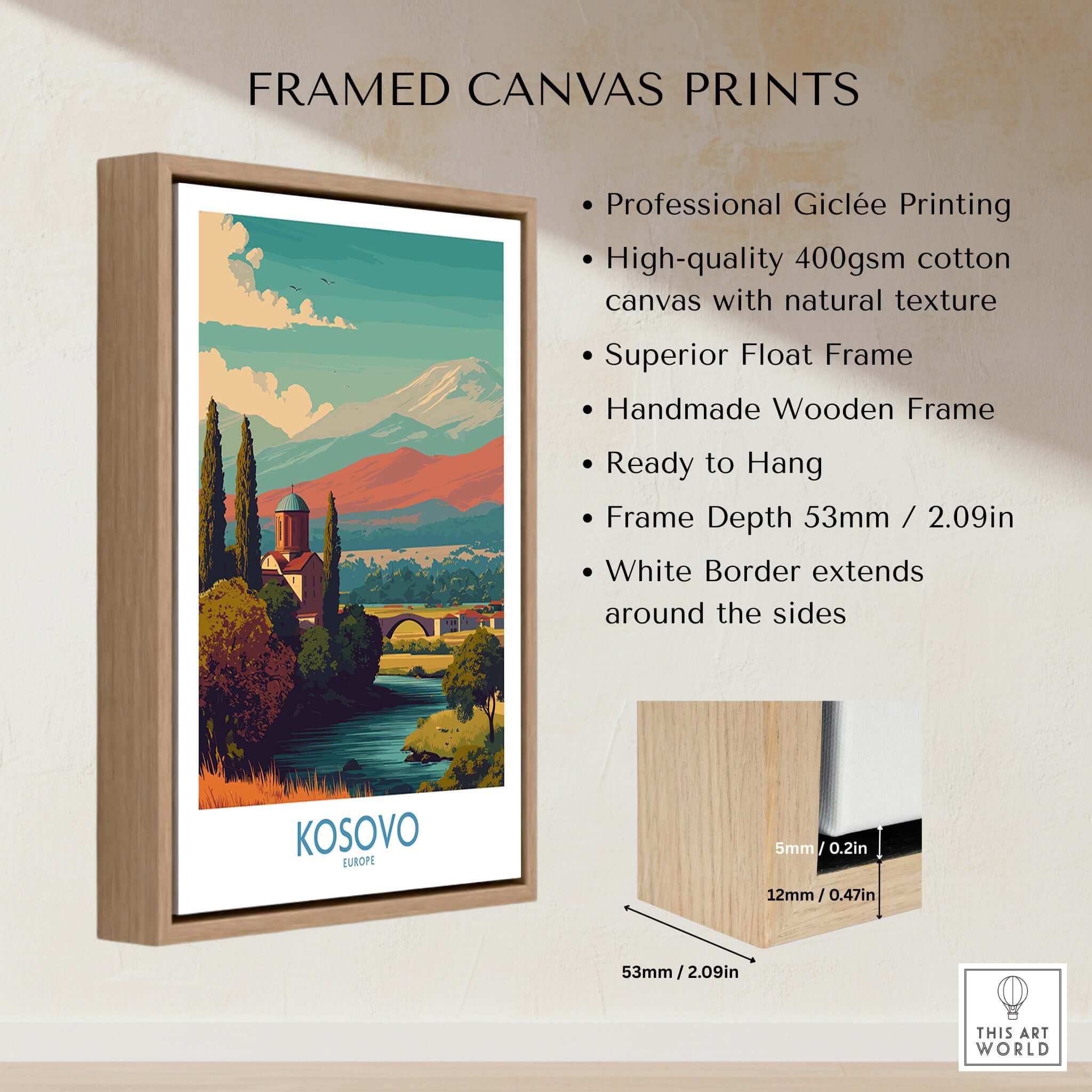 Kosovo Art Print | Snowy Mountain Balkan Poster displayed in a wooden frame with white border and professional giclée printing.