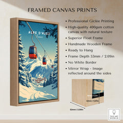 Alpe d'Huez Print France framed canvas print featuring snowy mountain scene and vintage gondola.