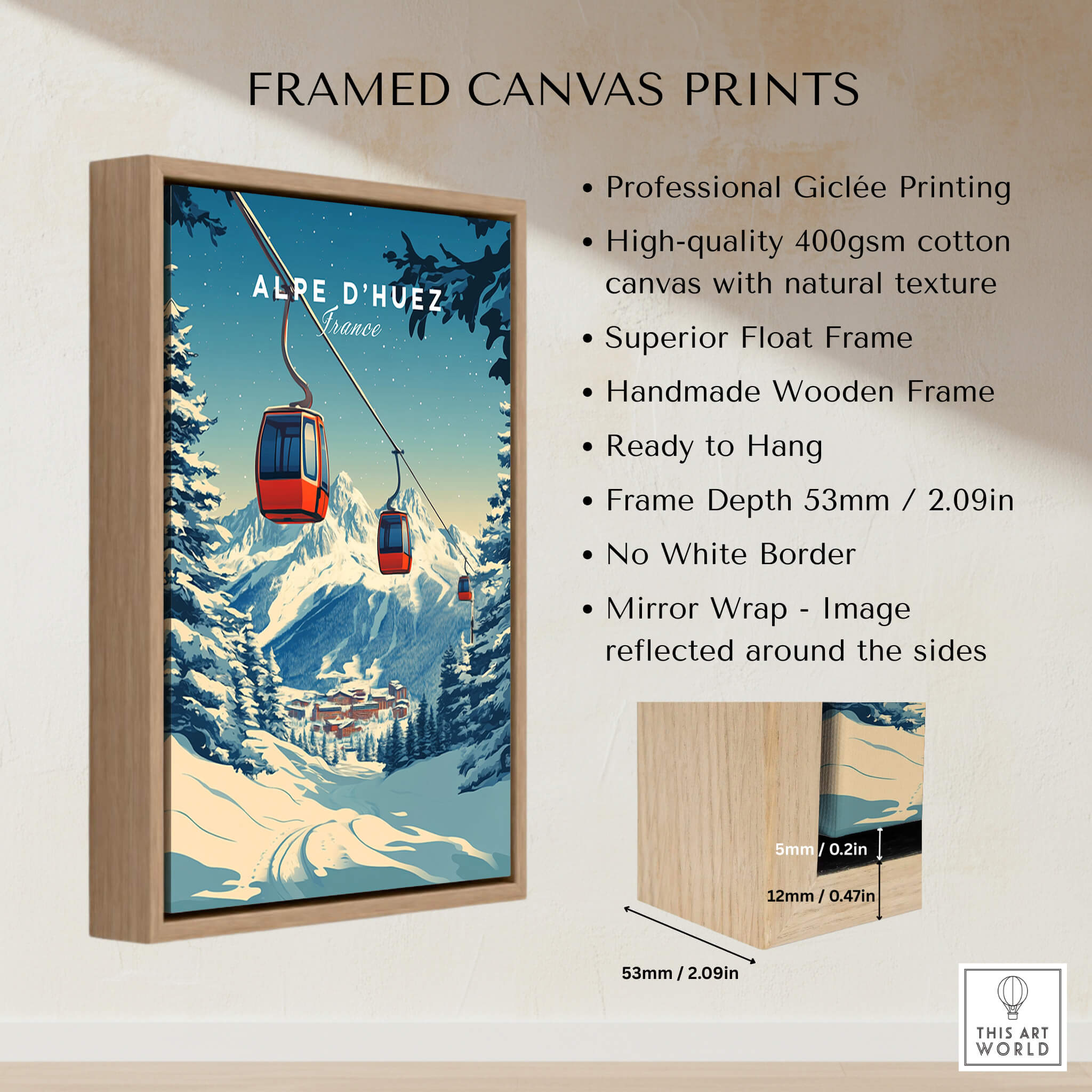 Alpe d'Huez Print France framed canvas print featuring snowy mountain scene and vintage gondola.