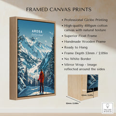 Arosa Travel Poster - Switzerland framed canvas print showcasing stunning mountain scenery and a skier in vibrant colors.