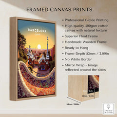 Barcelona Travel Poster Print showcasing vibrant Catalan architecture and sunset colors in a framed canvas.