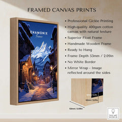 Chamonix Poster framed canvas print showcasing a moonlit ski resort scene in Chamonix, France, ready to hang decor.