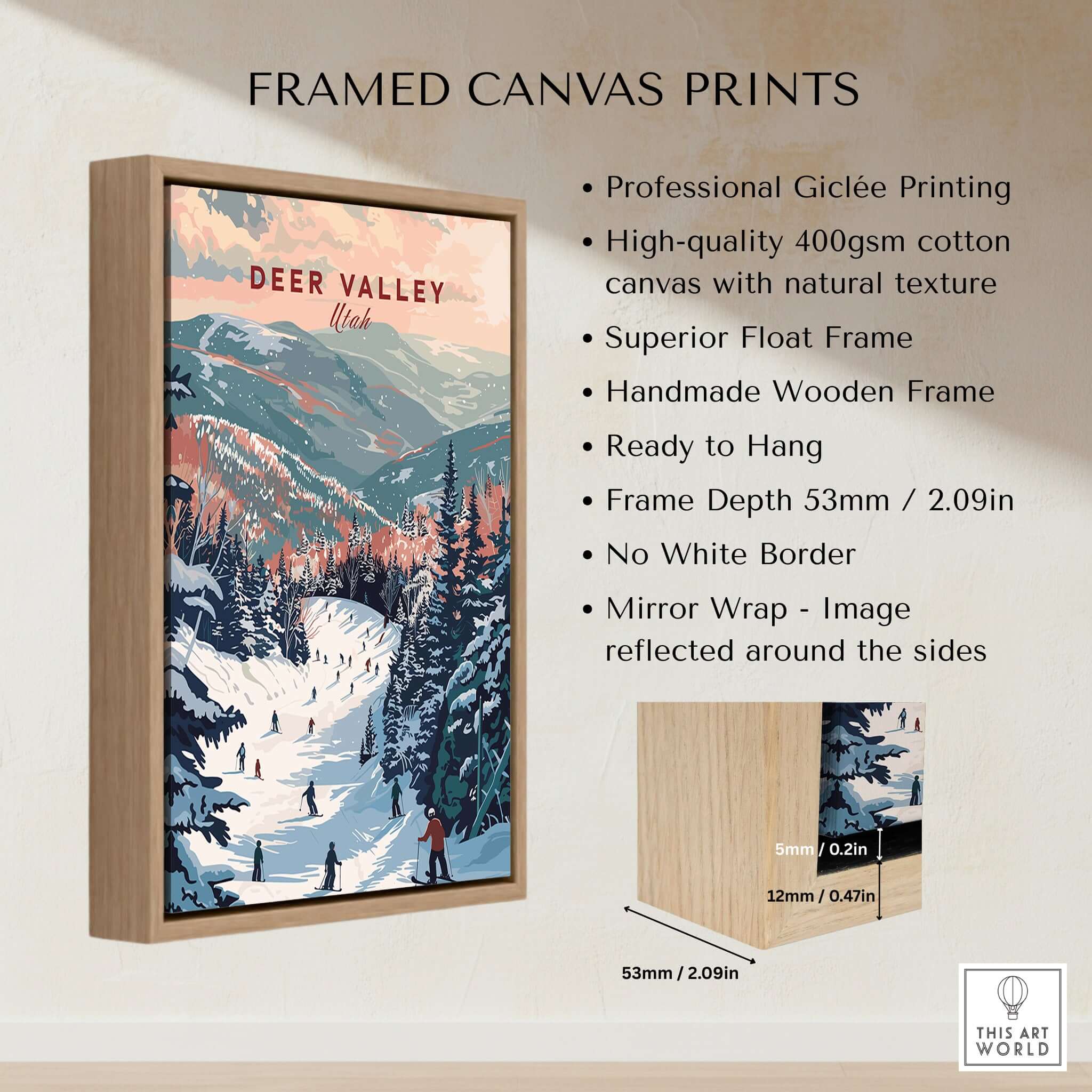 Deer Valley Ski Print - Utah framed canvas print showcasing the beautiful ski slopes and mountain scenery.