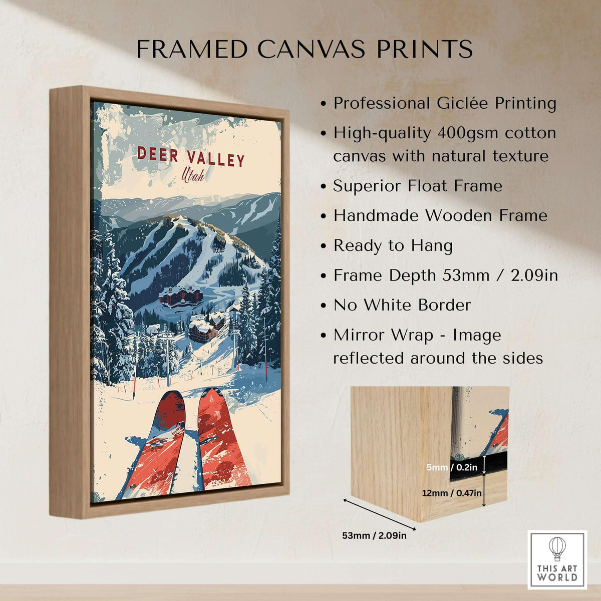Deer Valley Ski Poster framed canvas print showcasing snowy slopes and vibrant colors, perfect for ski enthusiasts.