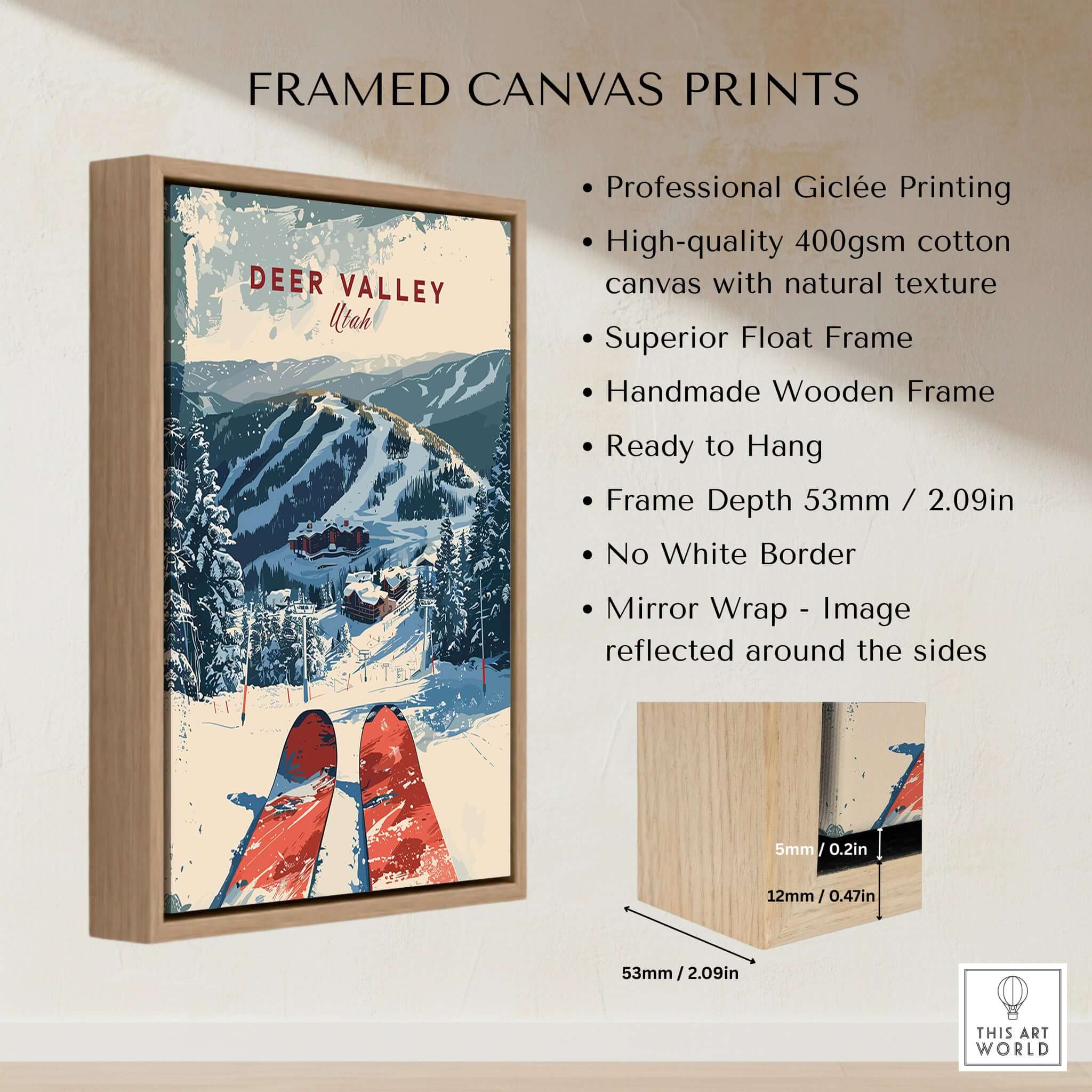 Deer Valley Ski Poster framed canvas print showcasing stunning winter slopes and professional Giclée printing.