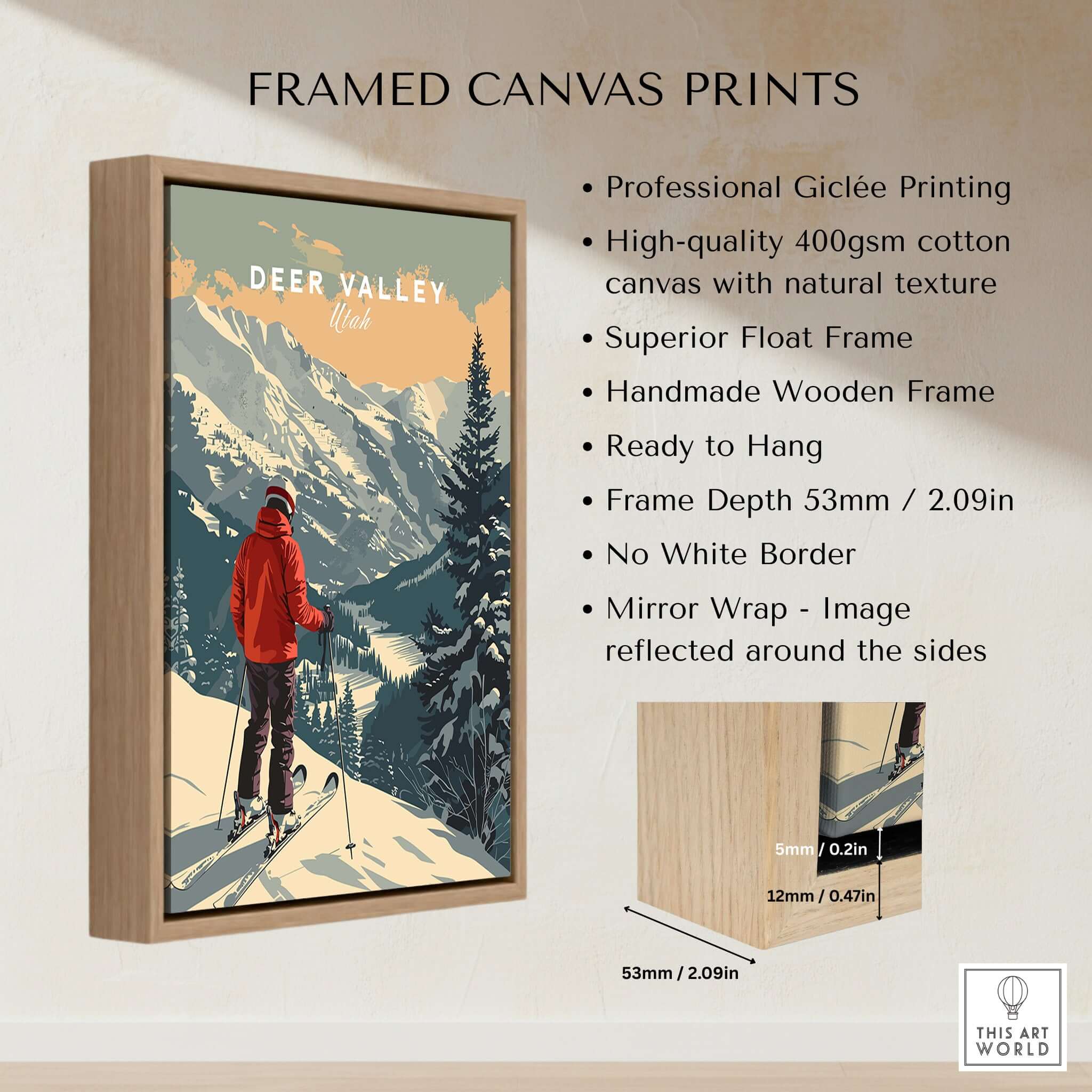 Framed Deer Valley Print Utah showcasing breathtaking ski scenery with quality wooden frame and giclée print.