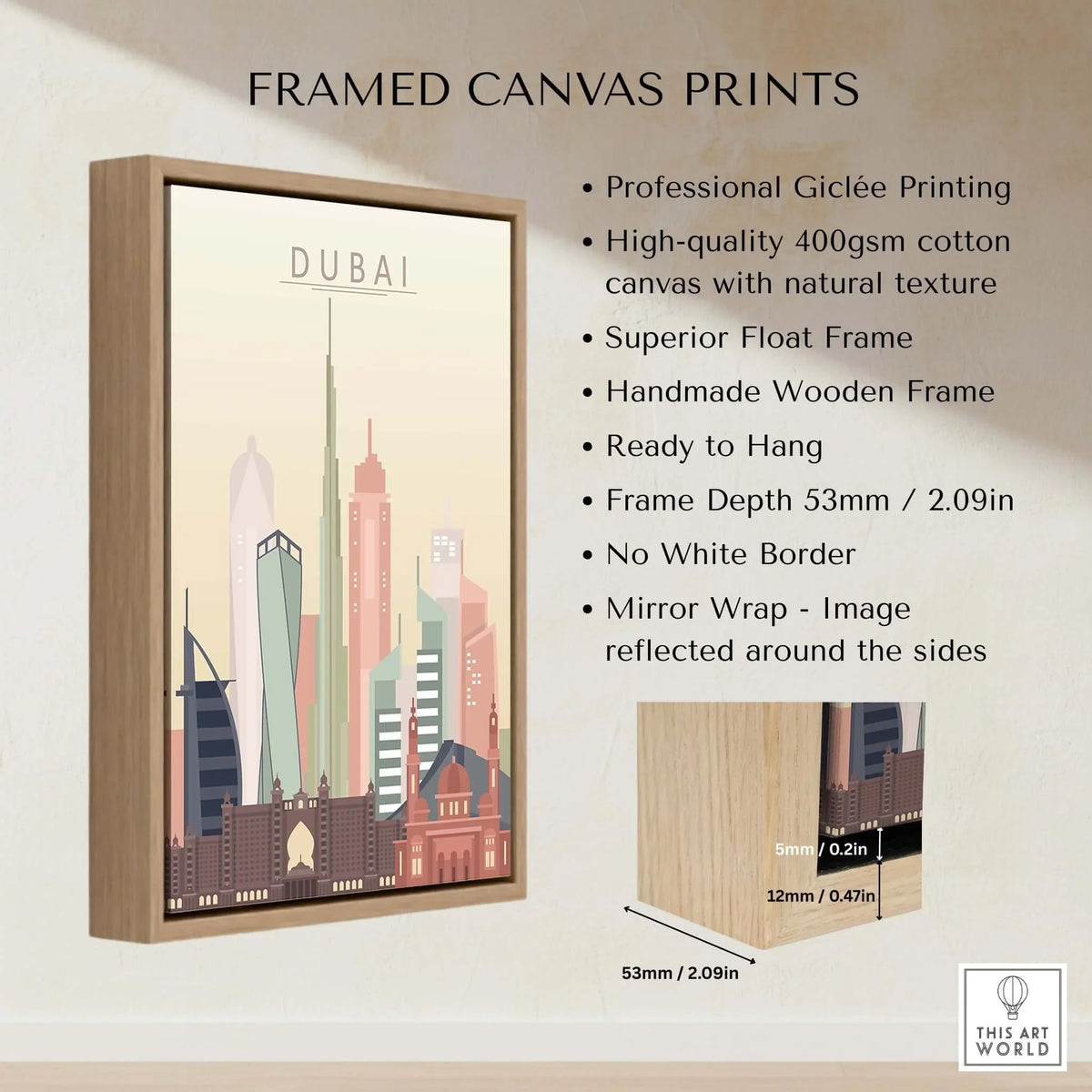 Dubai Wall Art | City Skyline Print framed canvas featuring iconic skyline design with modern elements
