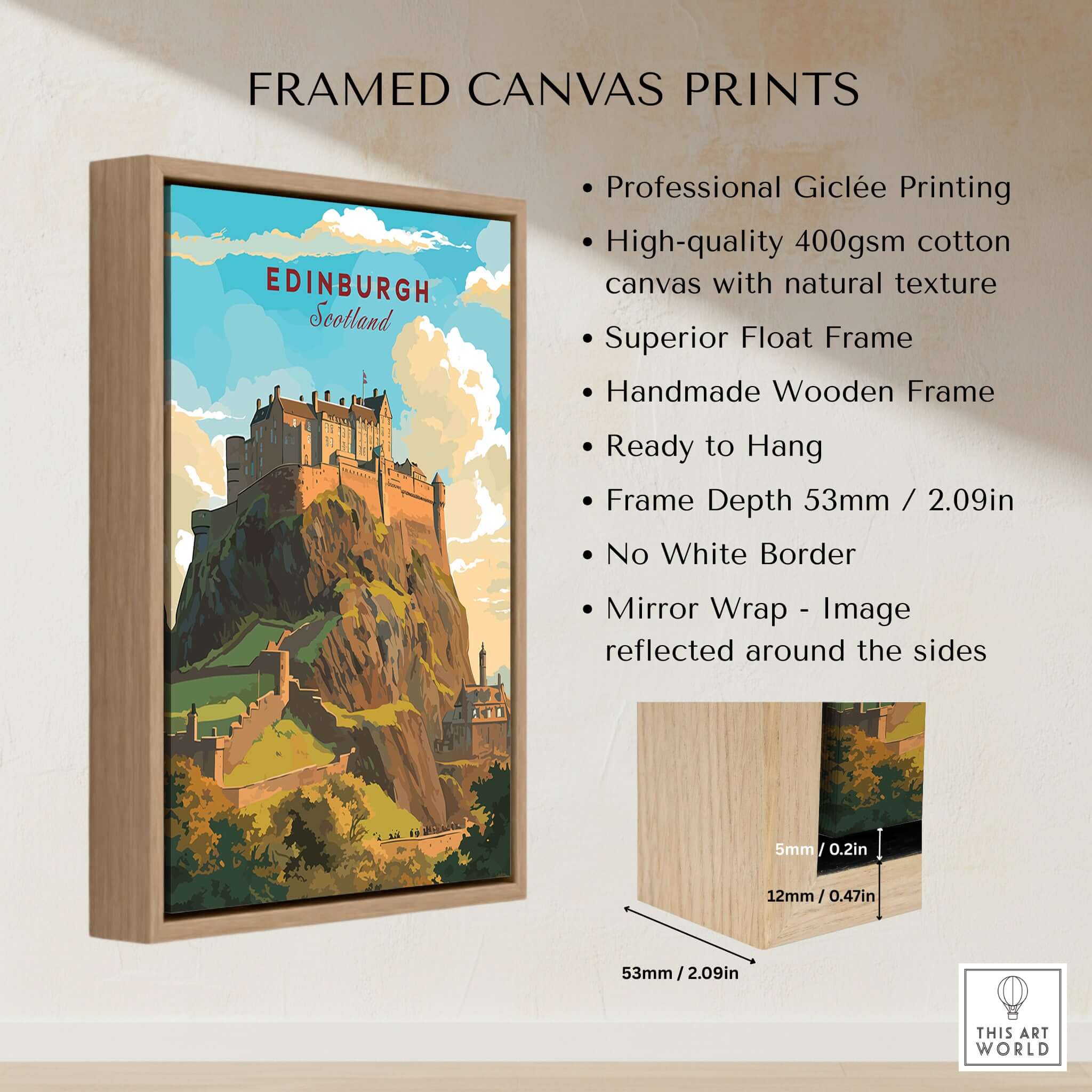Edinburgh Poster Print framed canvas showcasing Edinburgh Castle, perfect for travel lovers and home decor.