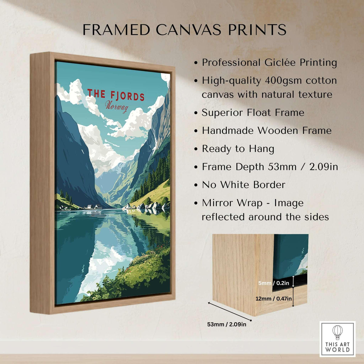 Norway Fjords Travel Poster framed canvas print showcasing lush landscapes and vibrant colors, ready to hang.