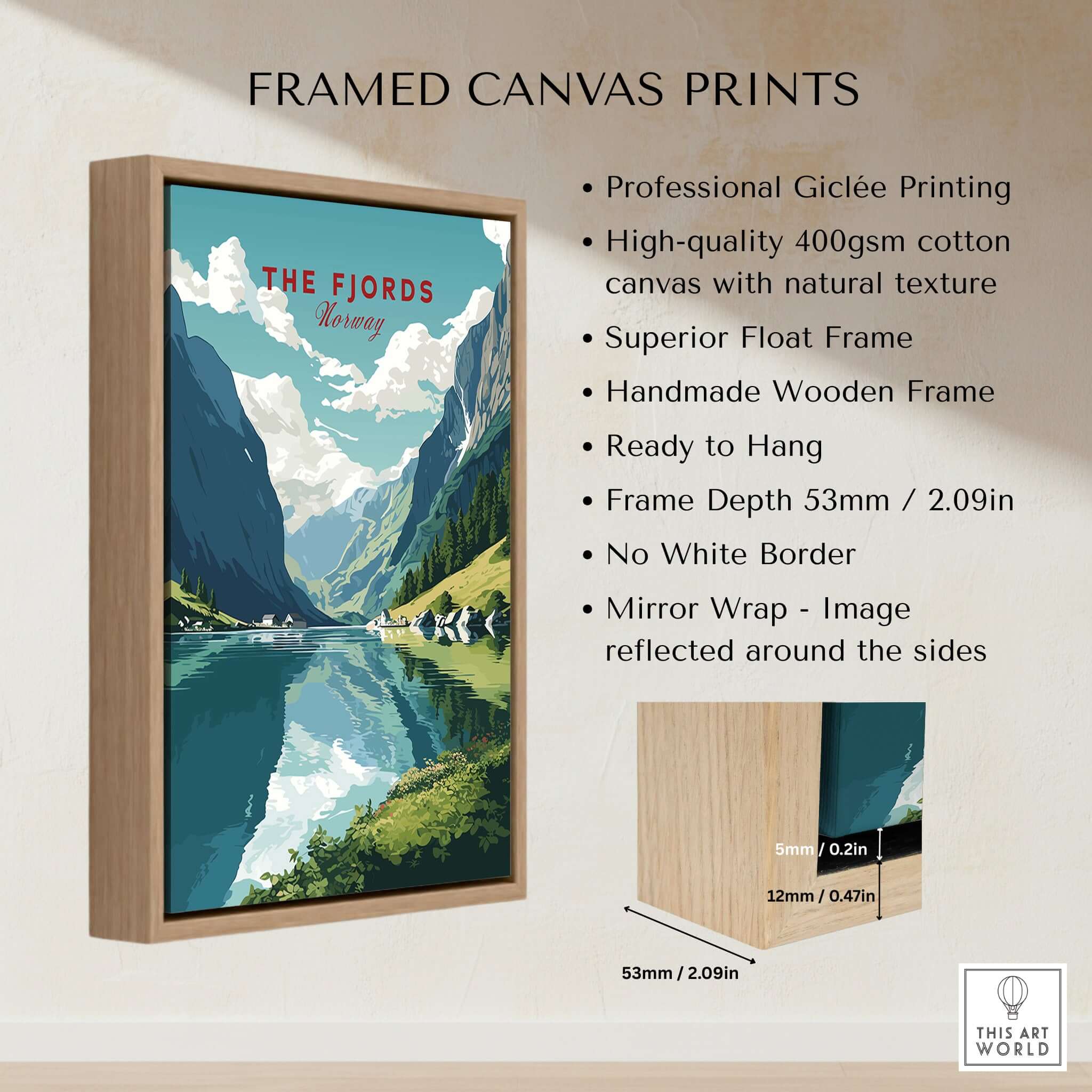 Norway Fjords Travel Poster framed canvas print showcasing lush landscapes and vibrant colors, ready to hang.