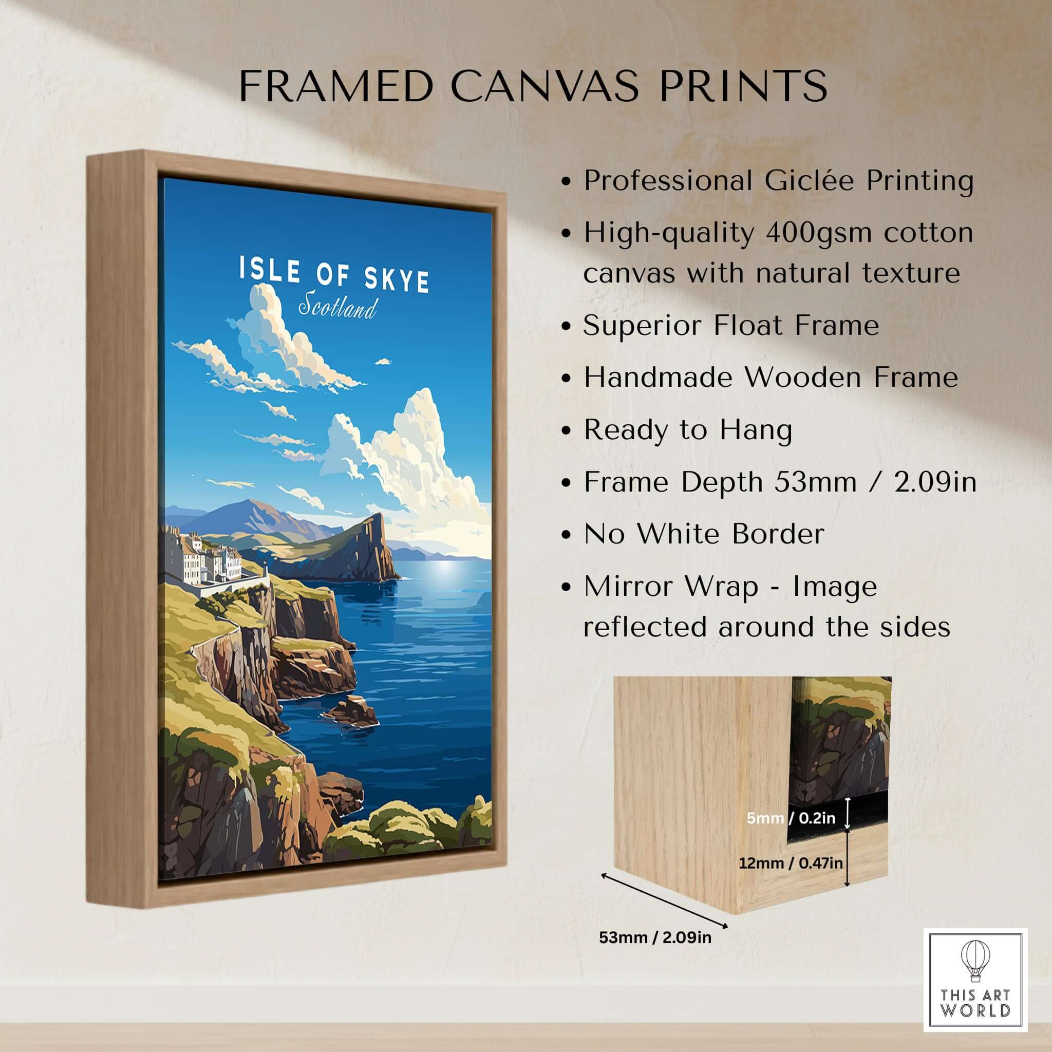 Isle of Skye Poster featuring dramatic landscapes and a wooden frame, ready to hang, showcasing Scotland's beauty.