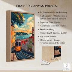Framed canvas print featuring vibrant Lisbon Travel Print, showcasing iconic landmarks and charming streets.