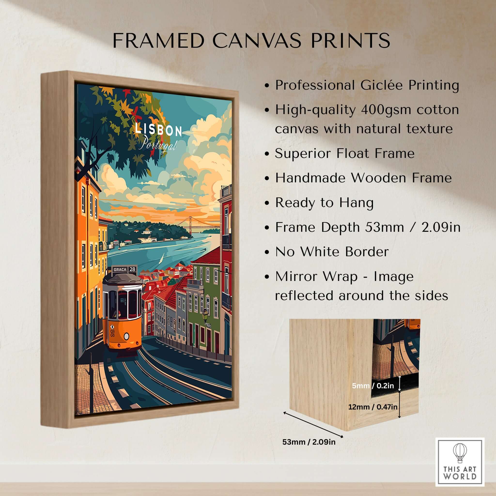 Framed canvas print featuring vibrant Lisbon Travel Print, showcasing iconic landmarks and charming streets.