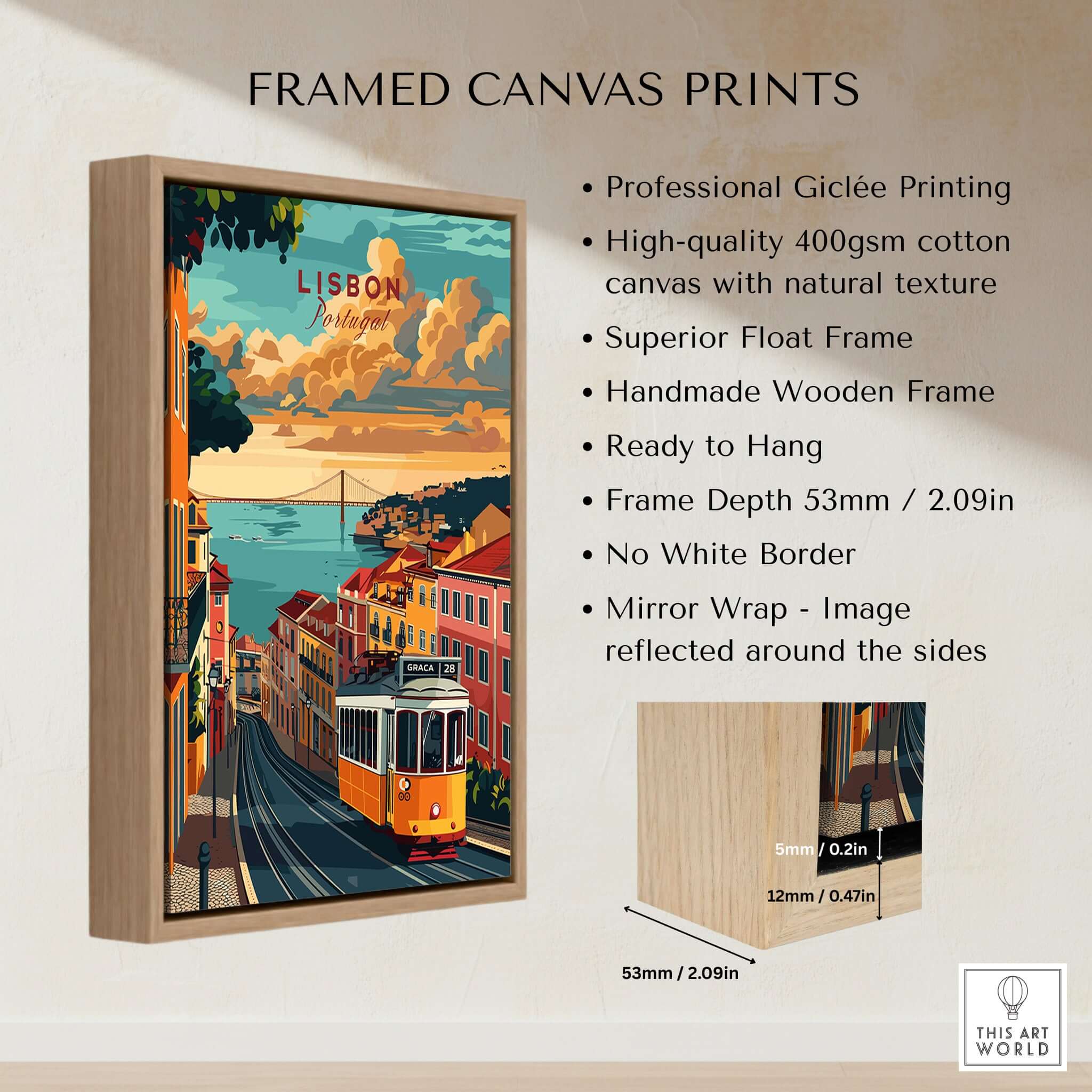 Lisbon Travel Poster framed canvas print showcasing the iconic Tram 28 with professional Giclée printing and wooden frame.