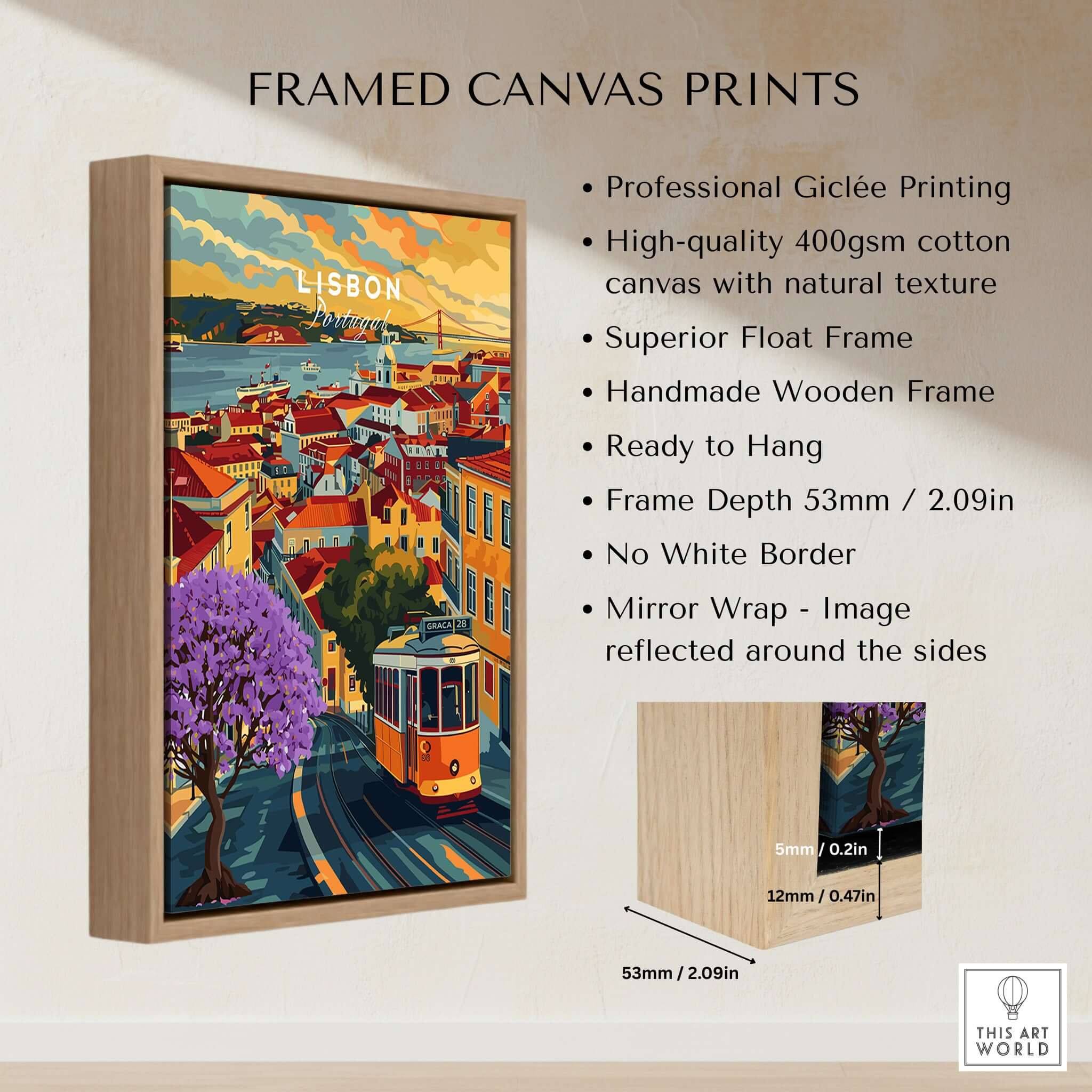 Lisbon Wall Art Poster featuring Tram 28 and Jacaranda trees in vibrant colors, framed in wooden design.