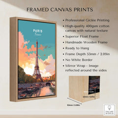 Paris Poster - Eiffel Tower framed canvas print showcasing the iconic Eiffel Tower and beautiful Parisian colors.