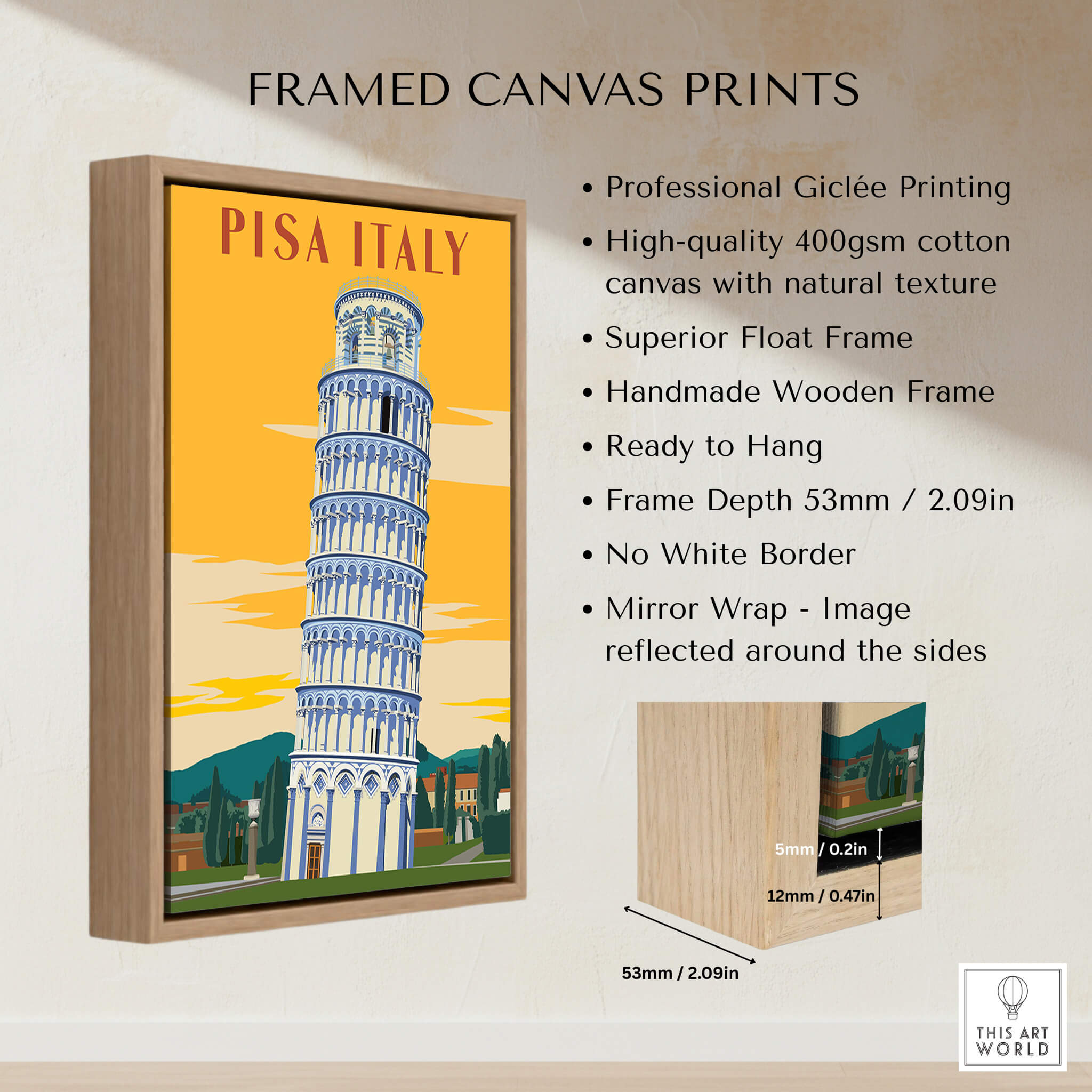 Pisa Tower Print Poster Italy Wall Art framed canvas design showcasing vibrant colors and professional Giclée printing.