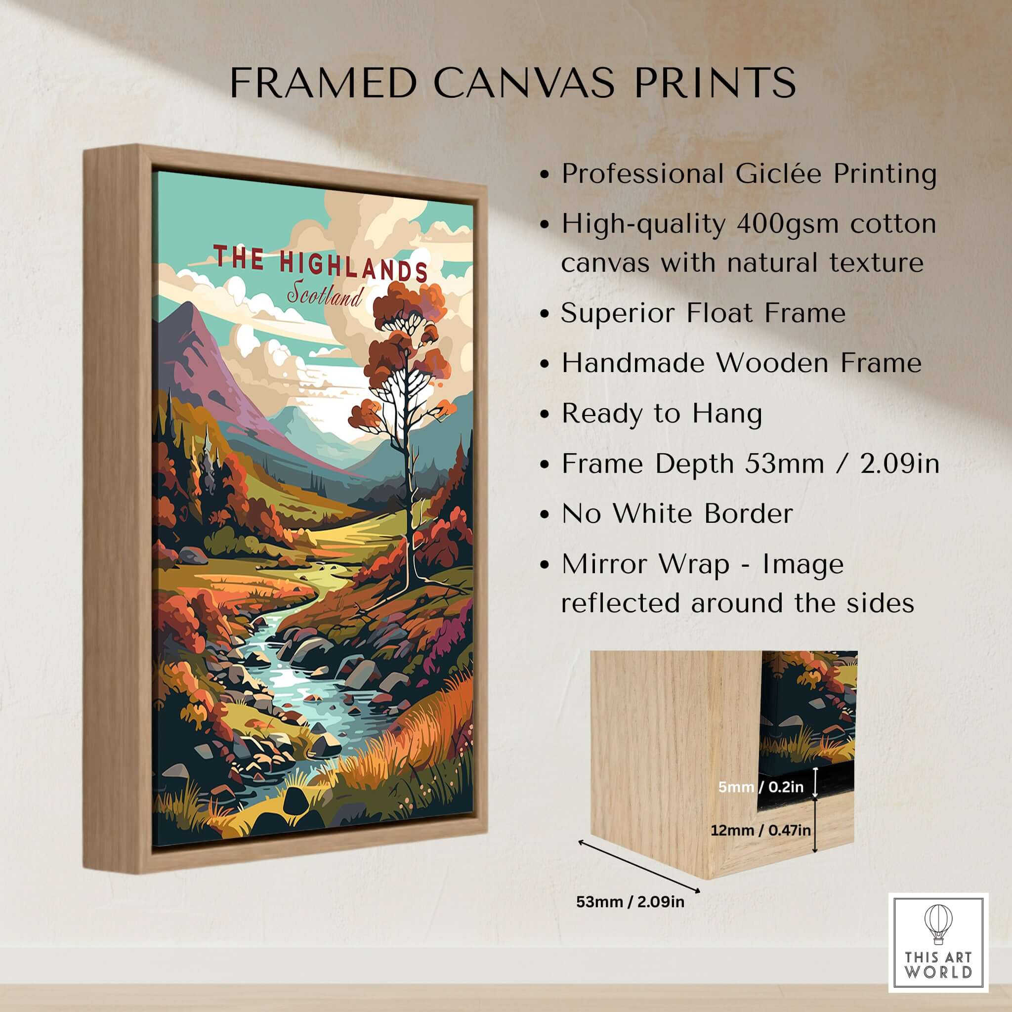 Scottish Highlands Wall Art featuring vibrant scenery and a handmade wooden frame, perfect for home decor.