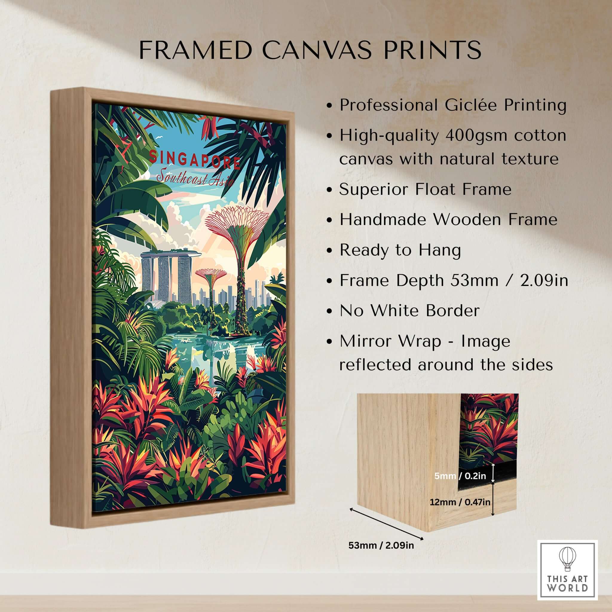 Singapore Marina Bay Poster in a framed canvas print, featuring vibrant greenery and modern architecture.