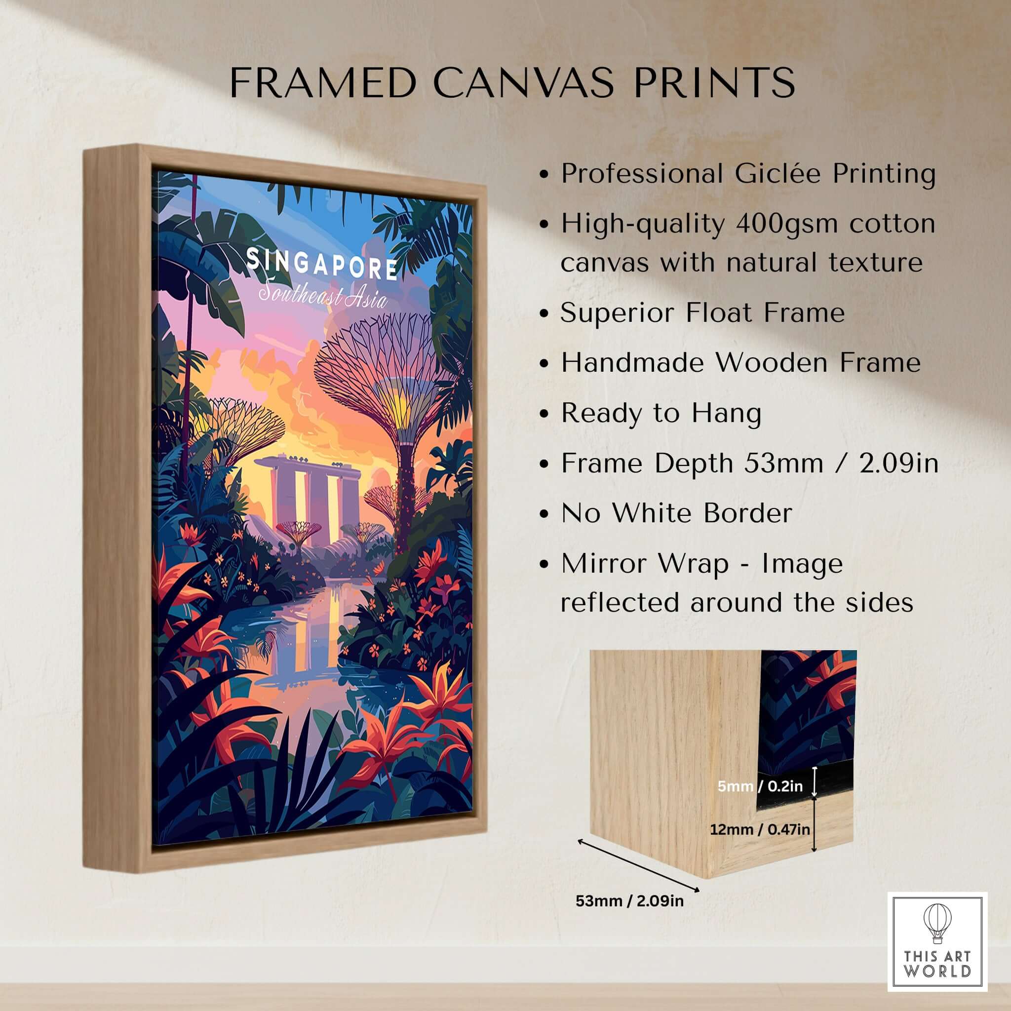 Singapore Poster framed canvas print featuring Gardens on the Bay, ideal for home decor.