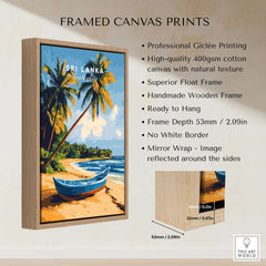Sri Lanka Beach Scene Art - Tropical Island Print, Palm Tree Wall Decor featuring a framed canvas print with vibrant beach scene.