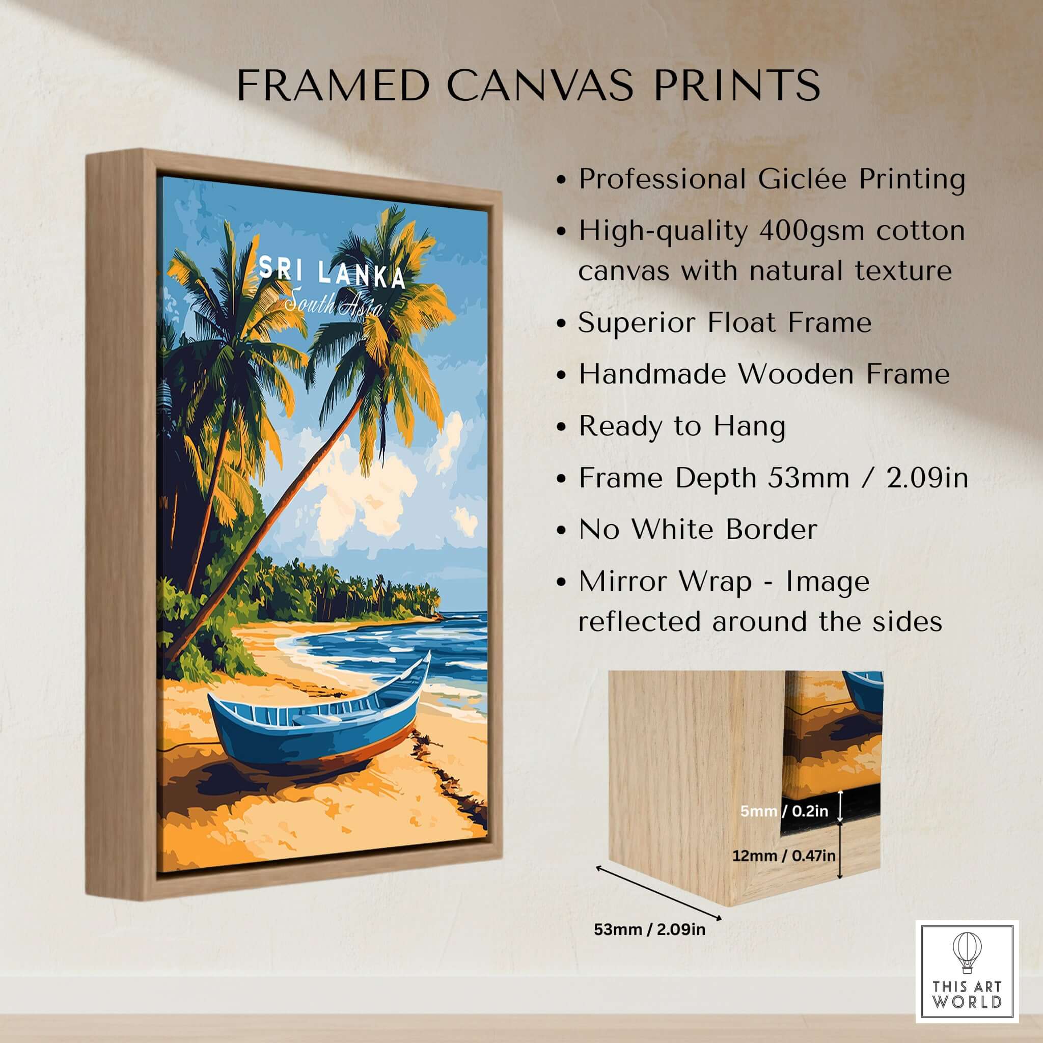 Sri Lanka Beach Scene Art - Tropical Island Print, Palm Tree Wall Decor featuring a framed canvas print with vibrant beach scene.