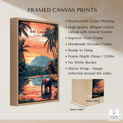 Sri Lanka Elephant Art - South Asia Travel Print, Wildlife Wall Decor framed canvas with wooden texture and giclée printing.