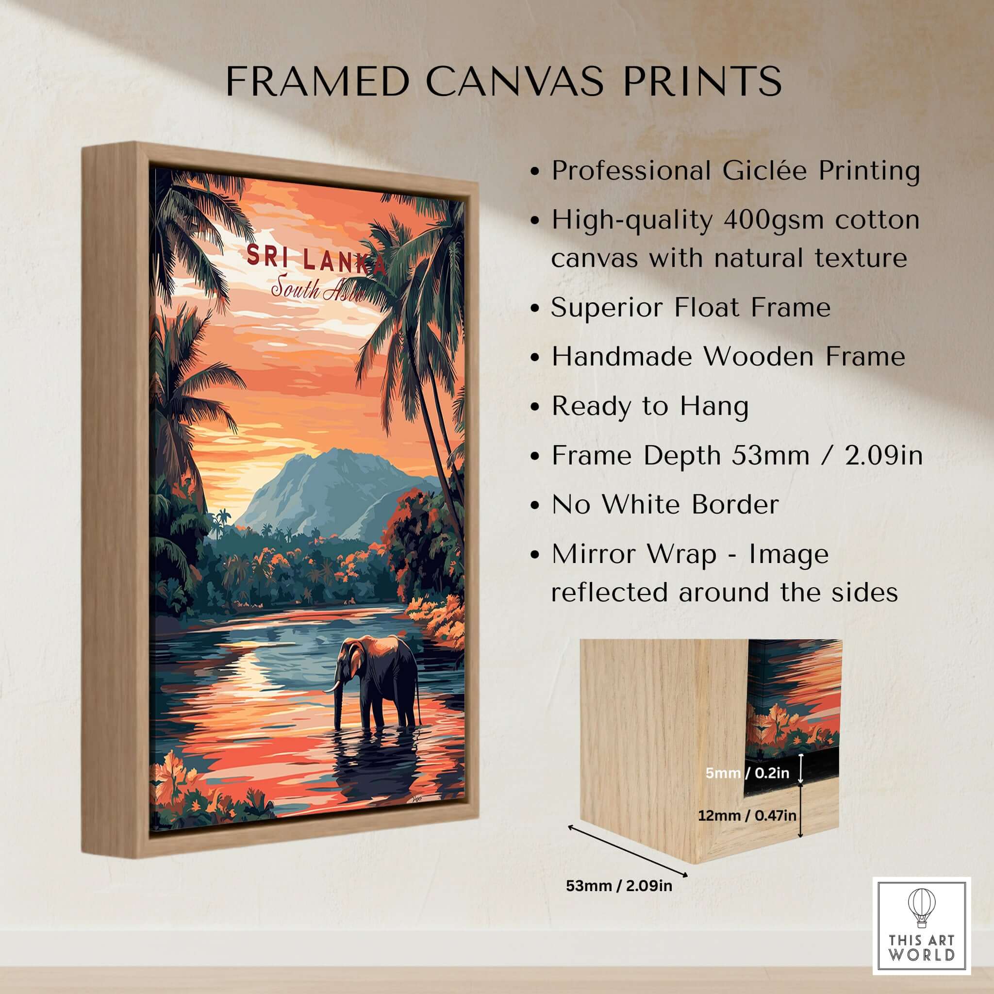 Sri Lanka Elephant Art - South Asia Travel Print, Wildlife Wall Decor framed canvas with wooden texture and giclée printing.