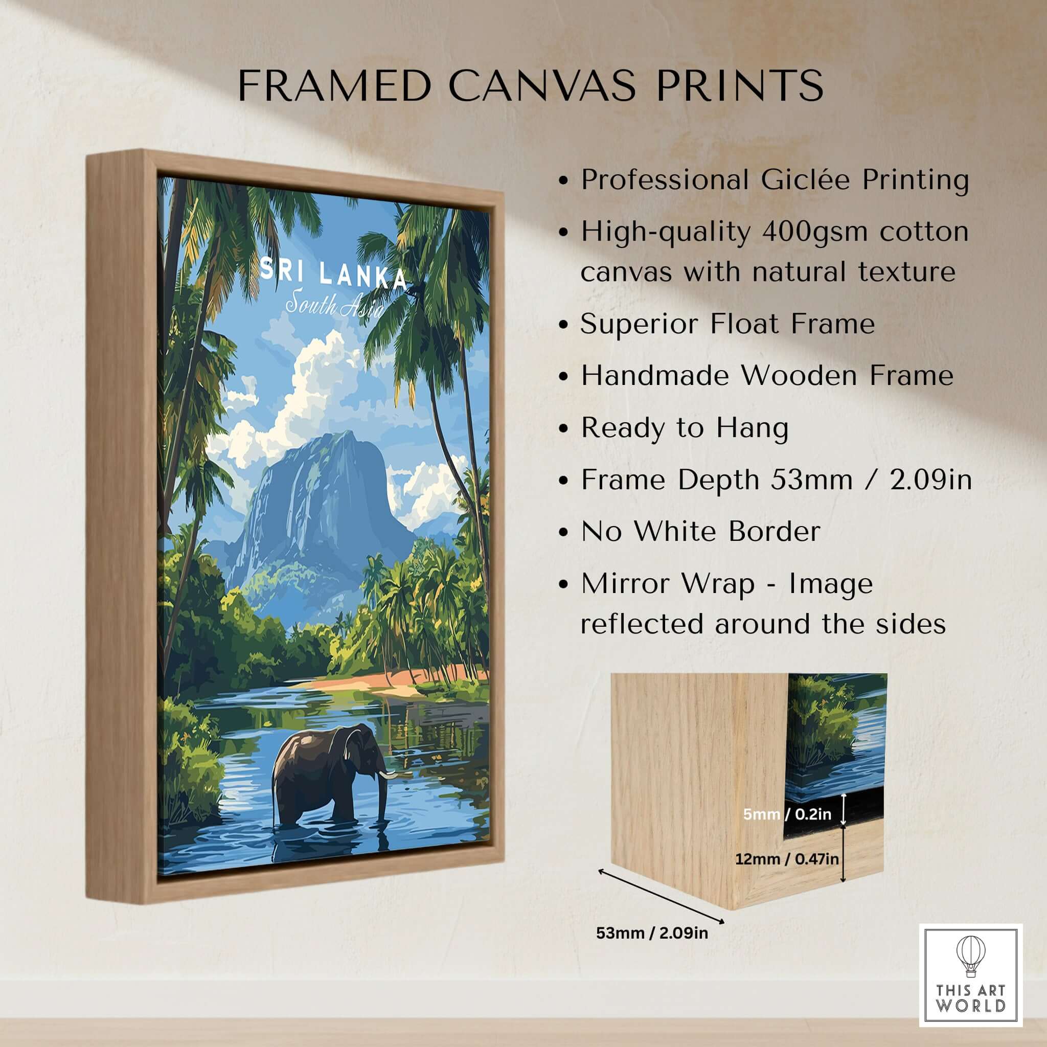 Sri Lanka Wildlife Poster - South Asia Landscape Art, Elephant Mountain View on framed canvas with natural texture.