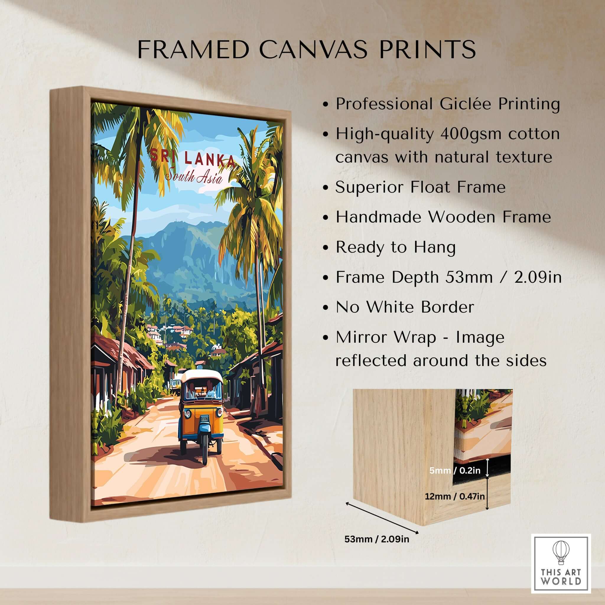 Sri Lanka Tuk-Tuk Art Print - South Asia Travel Poster, Island Street Scene framed canvas print showcasing vibrant tropical colors.