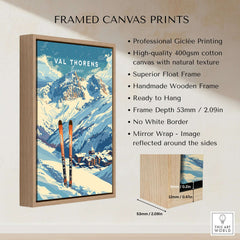 Val Thorens Travel Poster featuring a snowy landscape and ski gear in a wooden frame, perfect for winter sports enthusiasts.