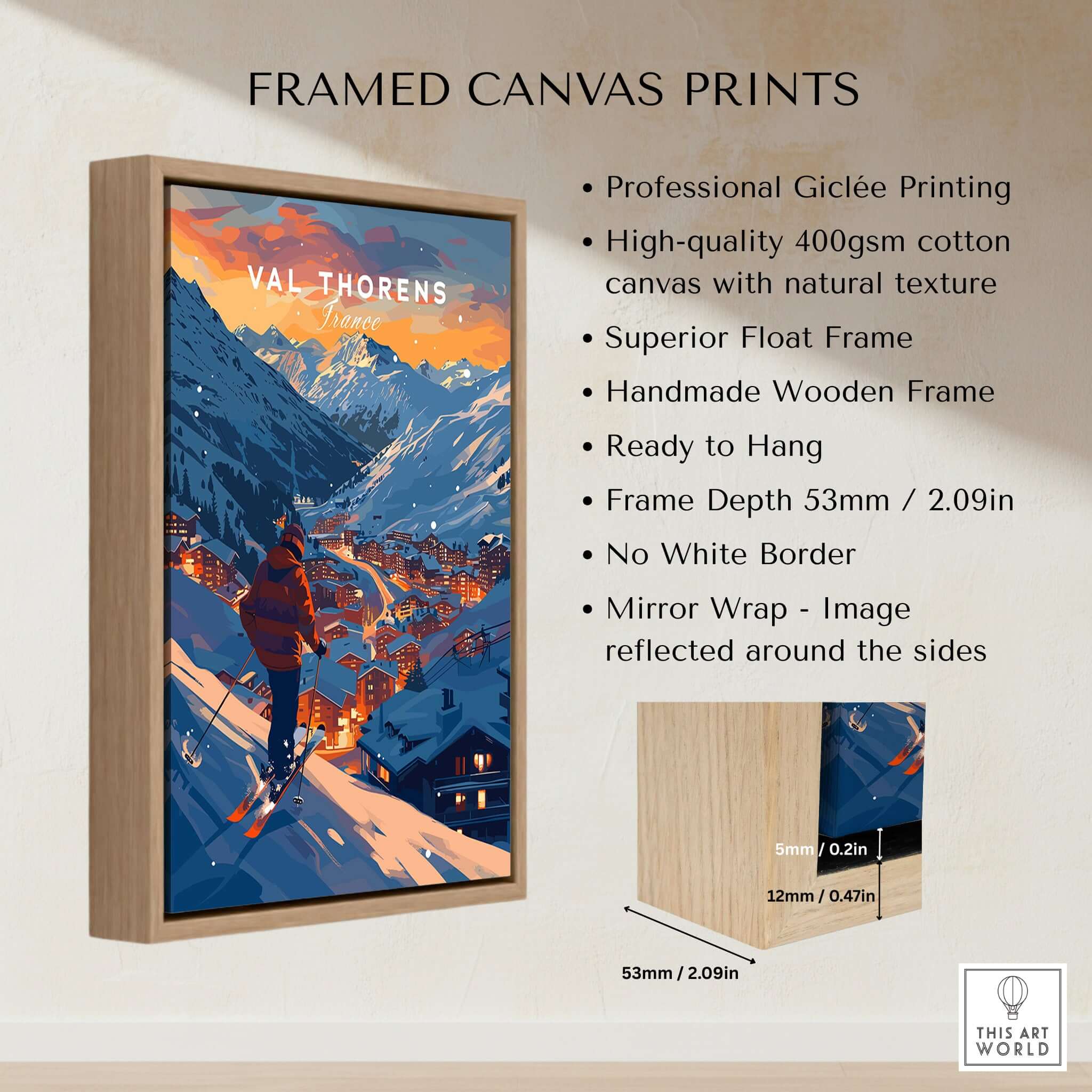 Val Thorens Ski Poster framed print featuring stunning French Alps scenery.