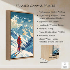 Val Thorens Poster framed canvas print showcasing skier against iconic alpine background with high-quality Giclée printing.