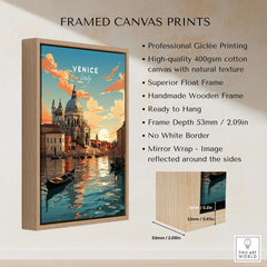 Venice Print featuring a picturesque canal scene in a framed canvas print with vibrant colors and a serene sunset.