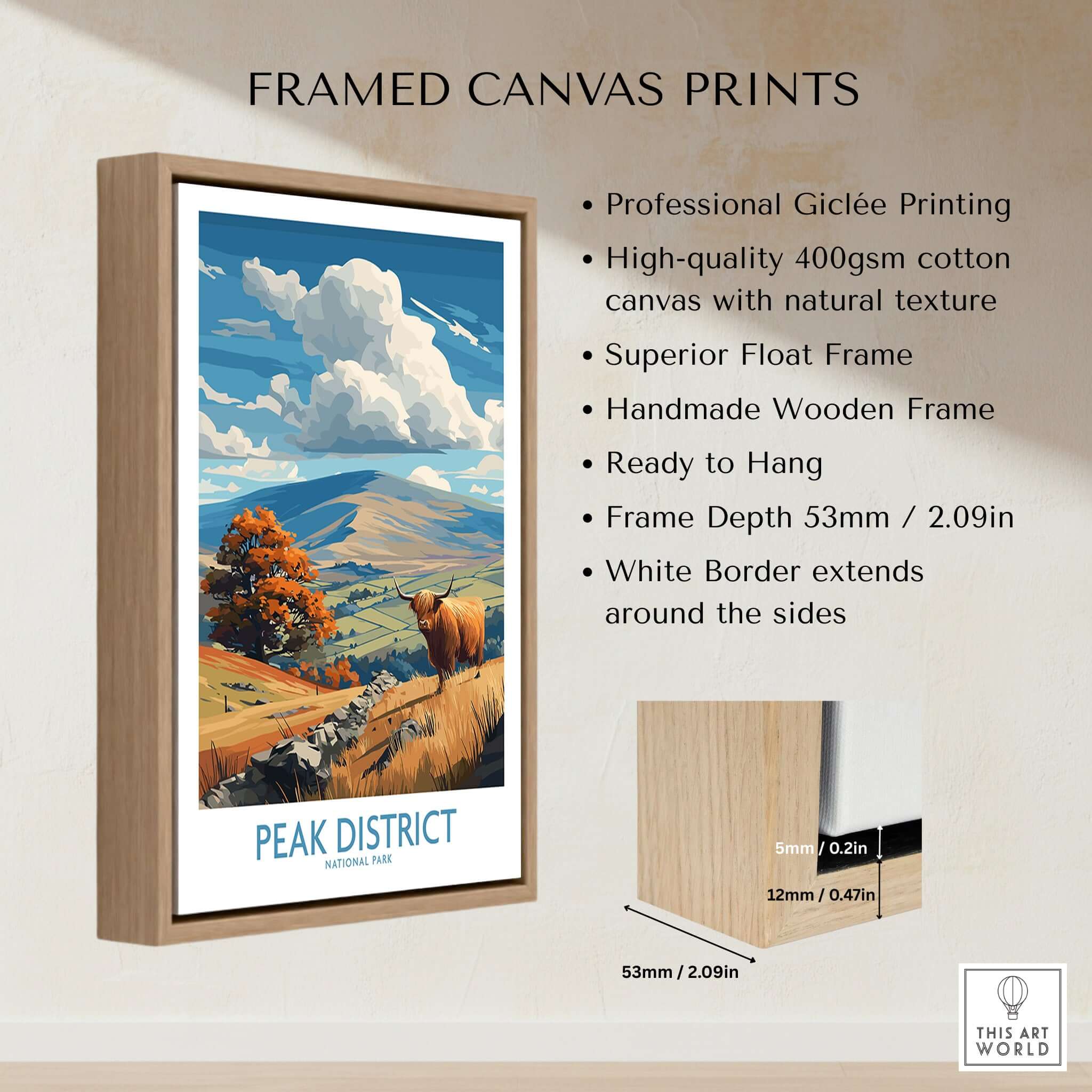 Peak District National Park Highland Cow Art Print | Derbyshire Landscape Poster displayed in a framed canvas format.