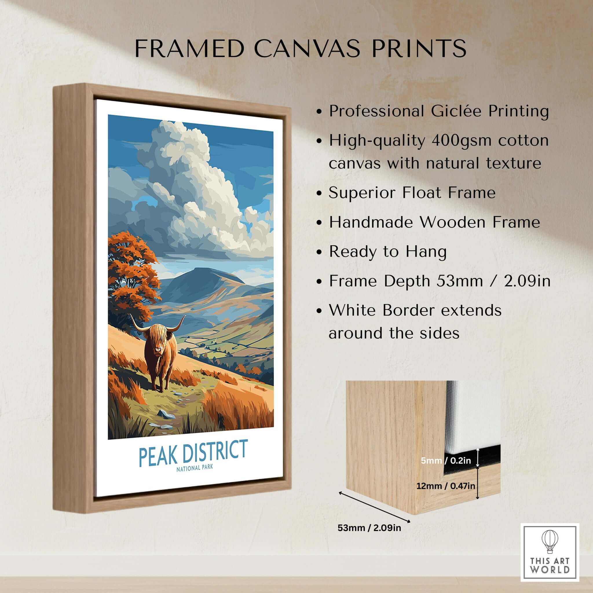 Peak District National Park Highland Cattle Art Print | Rolling Hills Poster framed canvas print showcasing vibrant landscape.