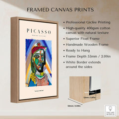 Picasso Bust Portrait Abstract Art Print Colorful Cubist Poster Artwork Collection framed in a wooden frame.