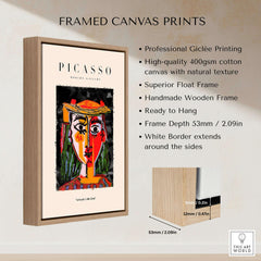 Picasso Woman in Hat Red Yellow Face Portrait Poster Colorful Abstract Artwork Print displayed in a framed canvas print.