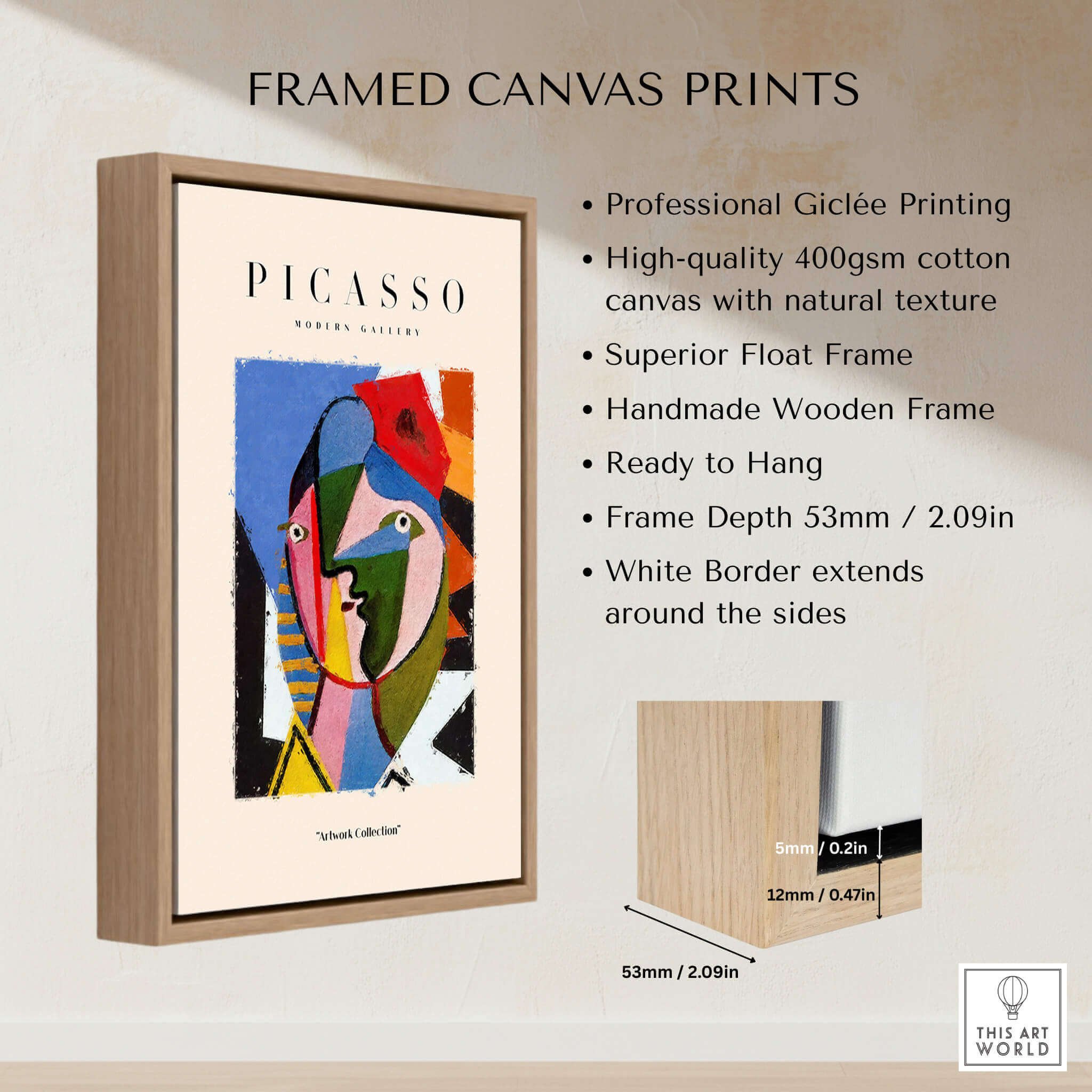 Picasso Geometric Face Abstract Art Print Colorful Cubist Portrait Poster Artwork Collection framed canvas with wooden frame.