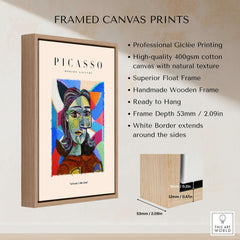 Picasso Woman Portrait Fragmented Abstract Poster Colorful Artwork Print Modern Gallery framed on wall with description.