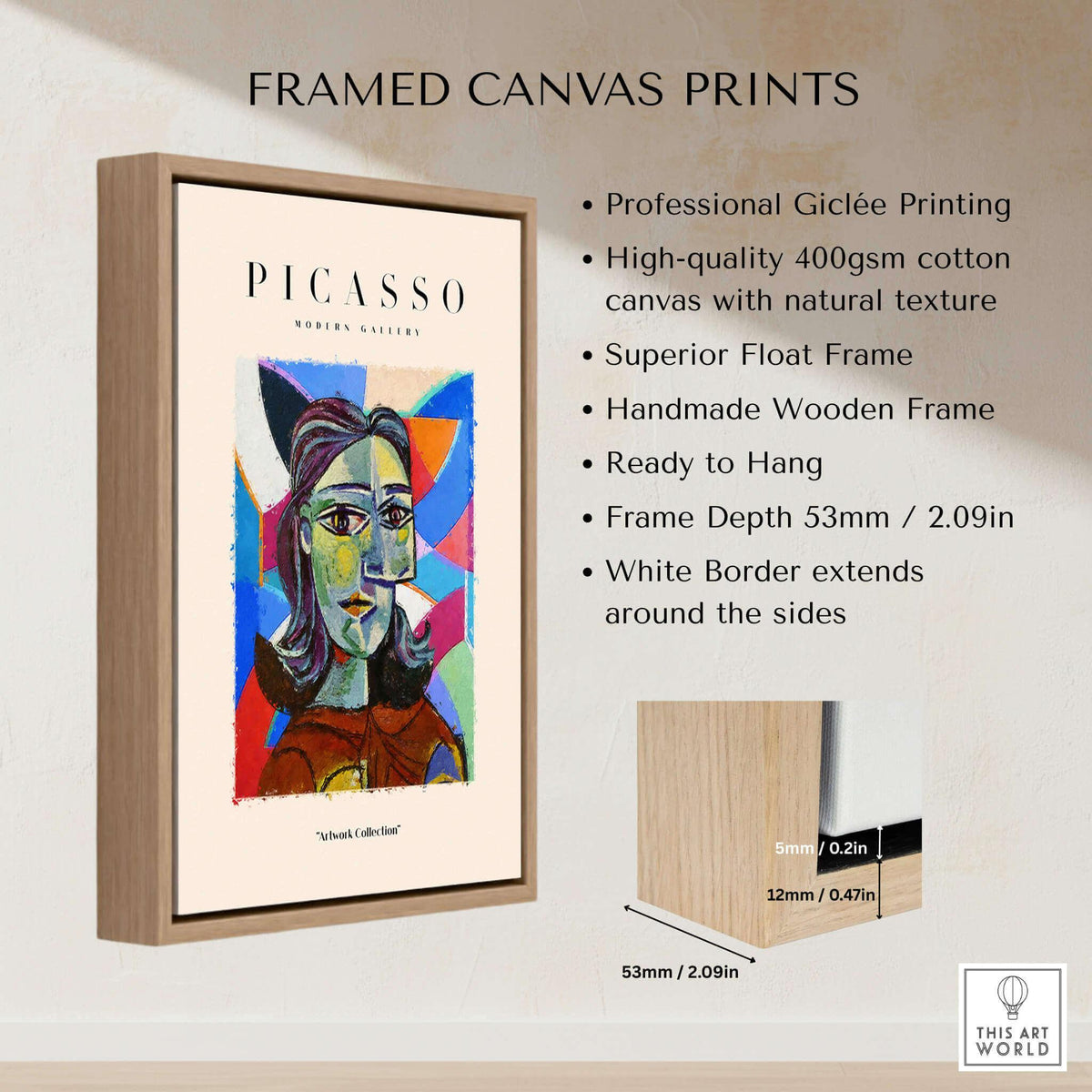 Picasso Woman Portrait Fragmented Abstract Poster Colorful Artwork Print Modern Gallery framed on wall with description.