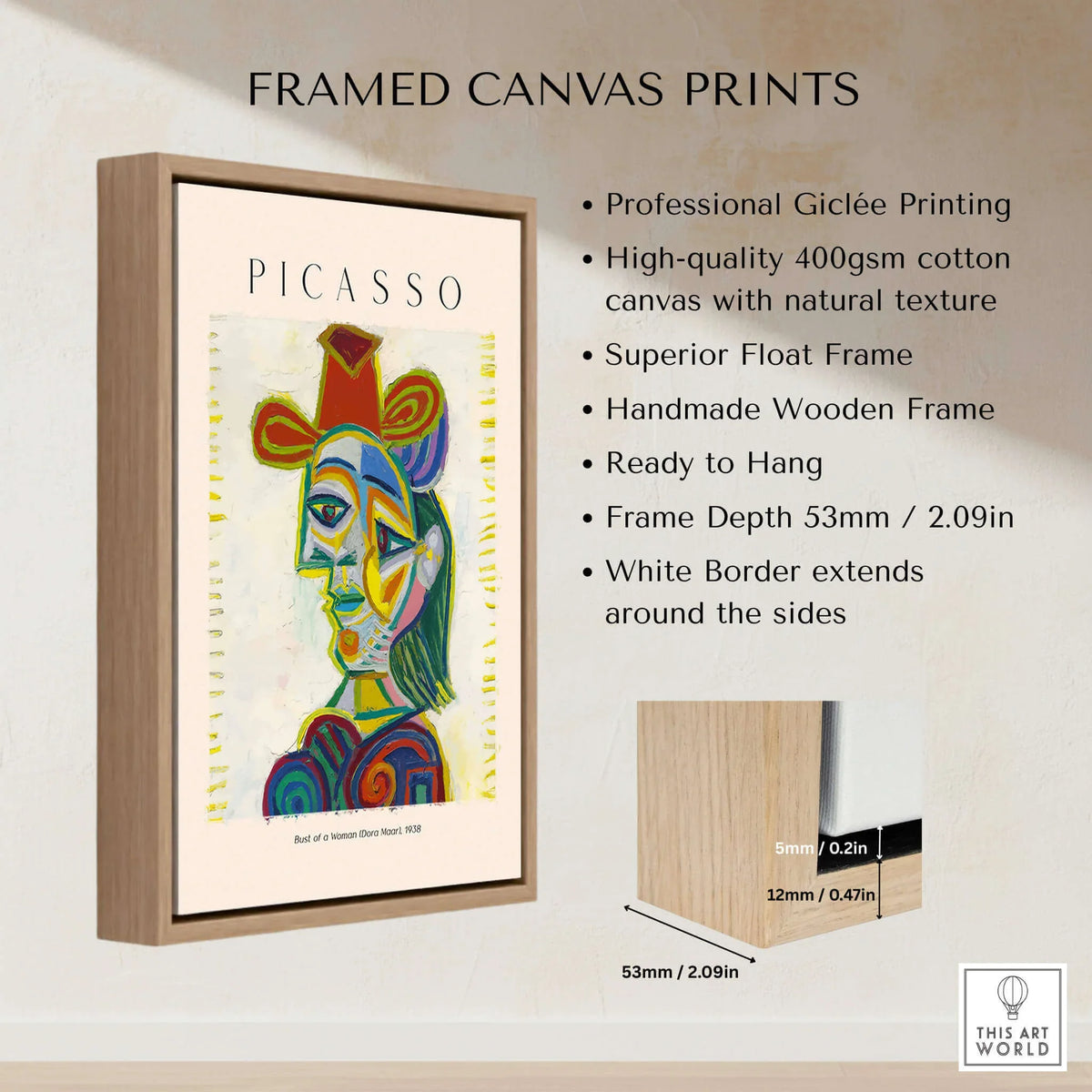 Picasso Bust Woman Dora Maar 1938 Portrait Art Print Colorful Cubist Poster Wall Art framed canvas print with wooden frame.