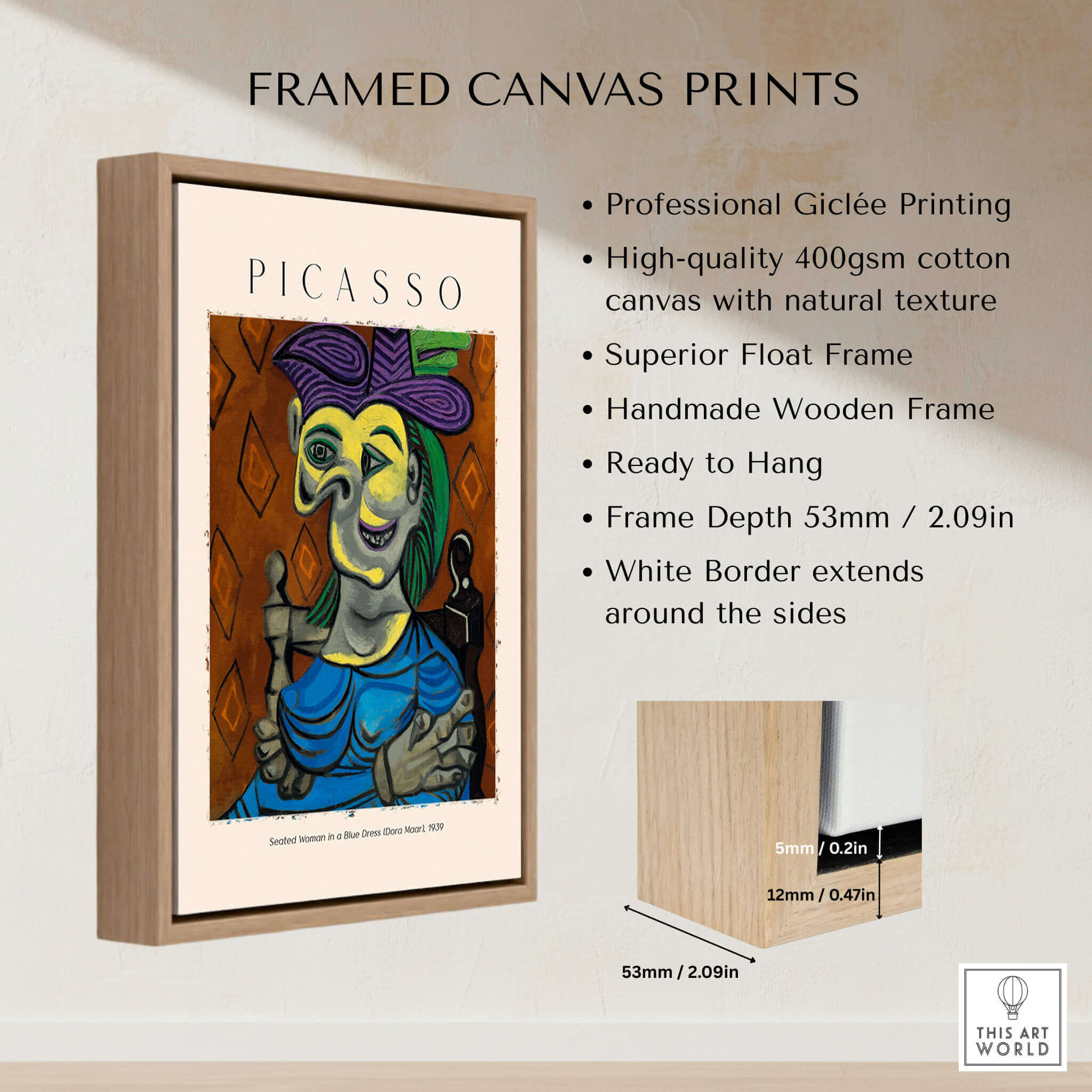 Picasso Seated Woman Blue Dress Dora Maar 1939 Art Print Cubist Portrait Poster framed canvas print showcasing high-quality texture.