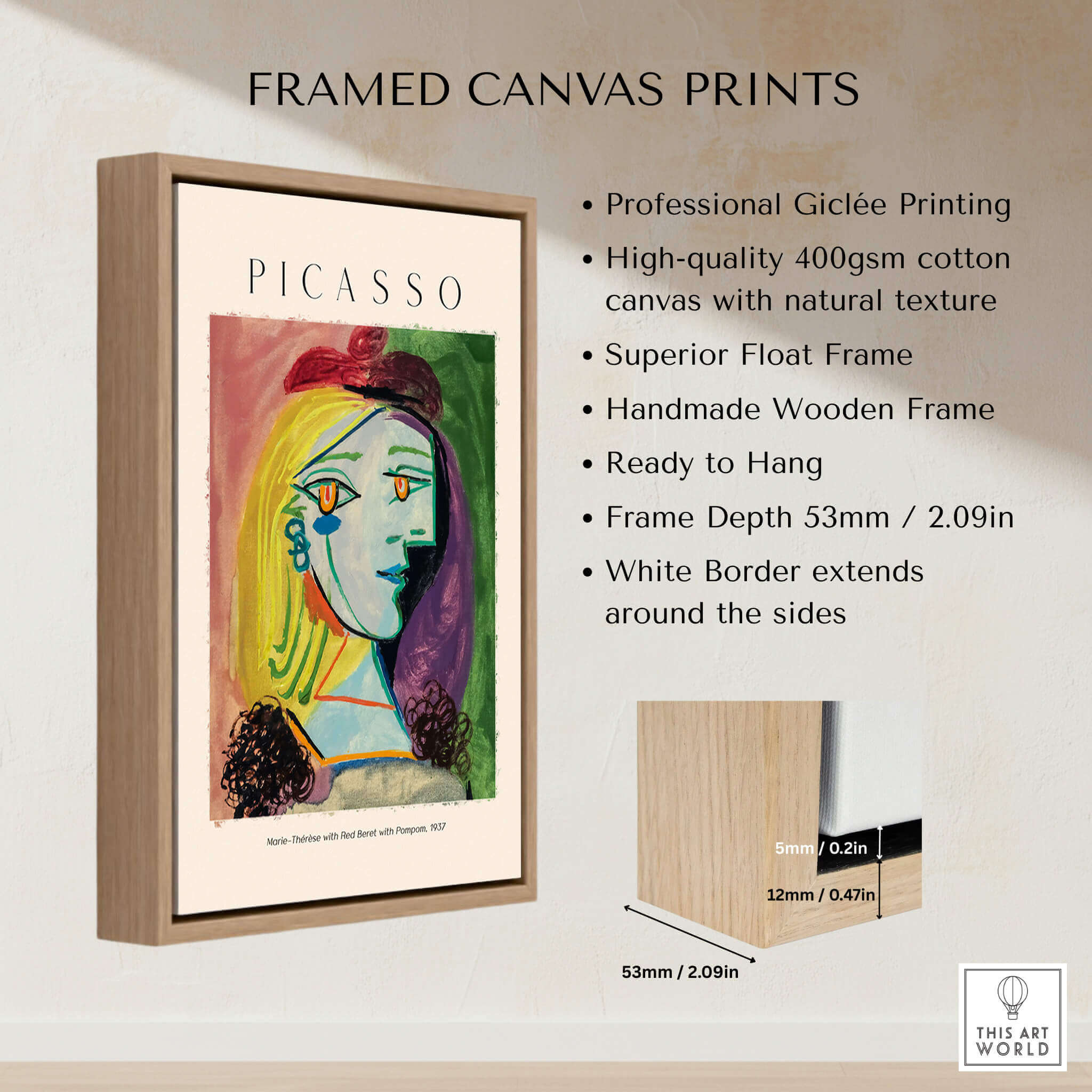 Framed Picasso Marie Thérèse Red Beret Pompom 1937 Portrait Art Print Cubist Poster Colorful on display.