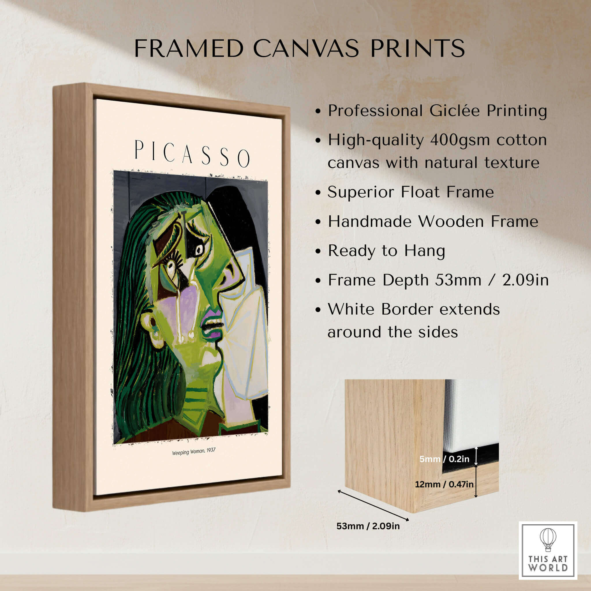 Picasso Weeping Woman 1937 Art Print Famous Cubist Portrait Poster Emotional Wall Art framed canvas print showcasing vibrant colors.