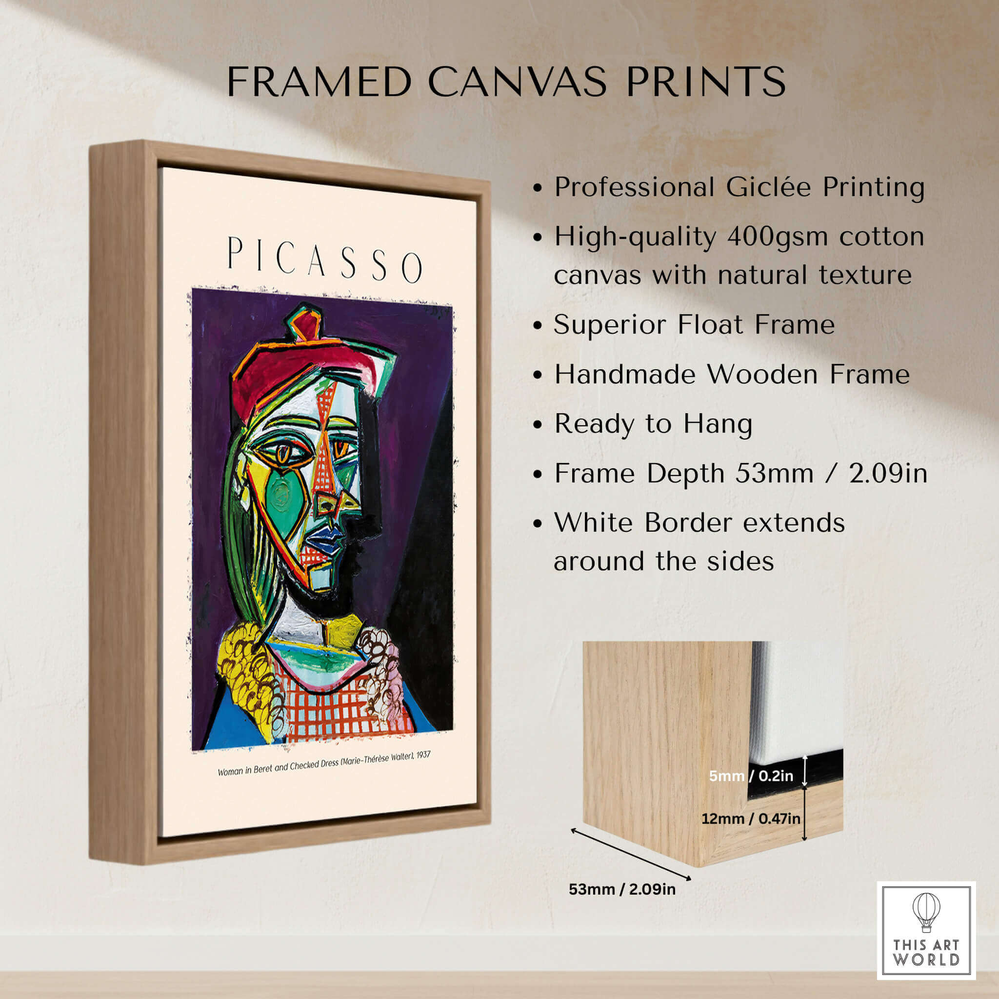 Picasso Woman Beret Checked Dress Marie Thérèse 1937 Art Print Cubist Portrait Poster in a wooden frame