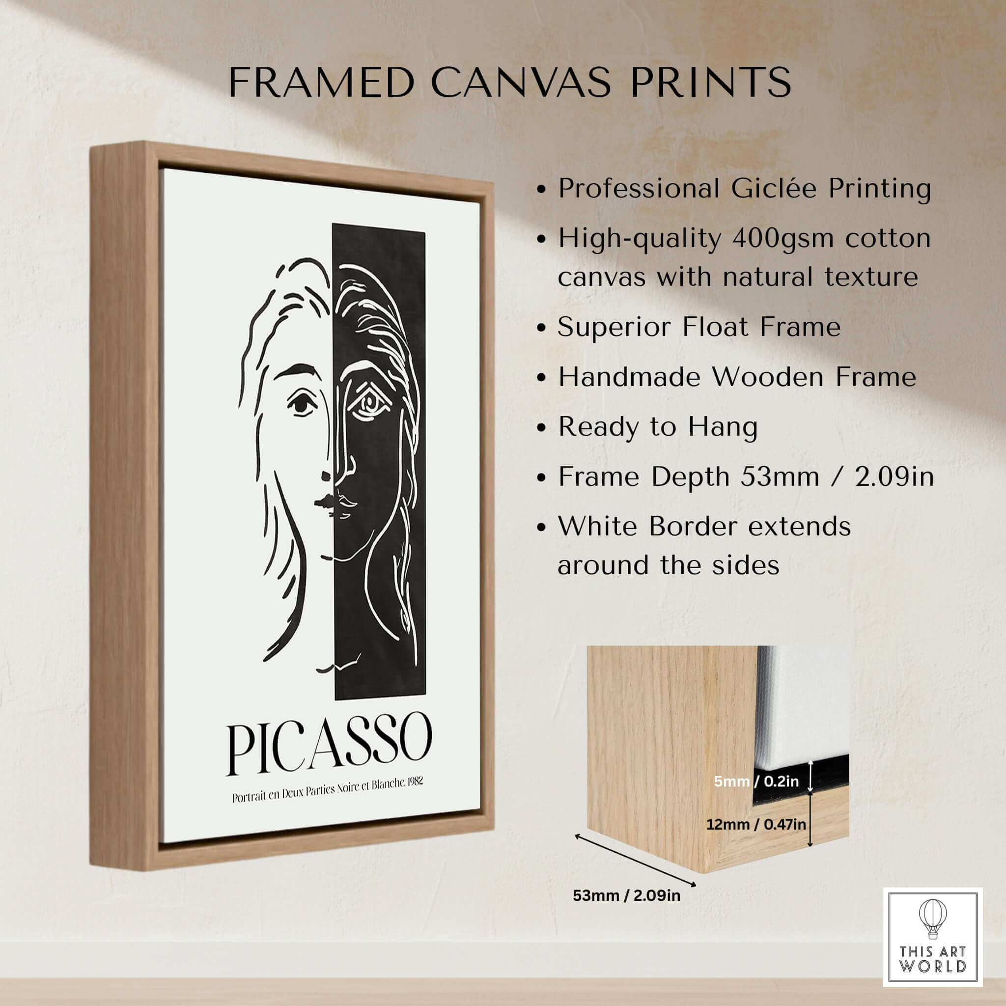 Picasso Portrait Deux Parties Black White Split Face Art Print Poster framed with white border and natural wood finish.