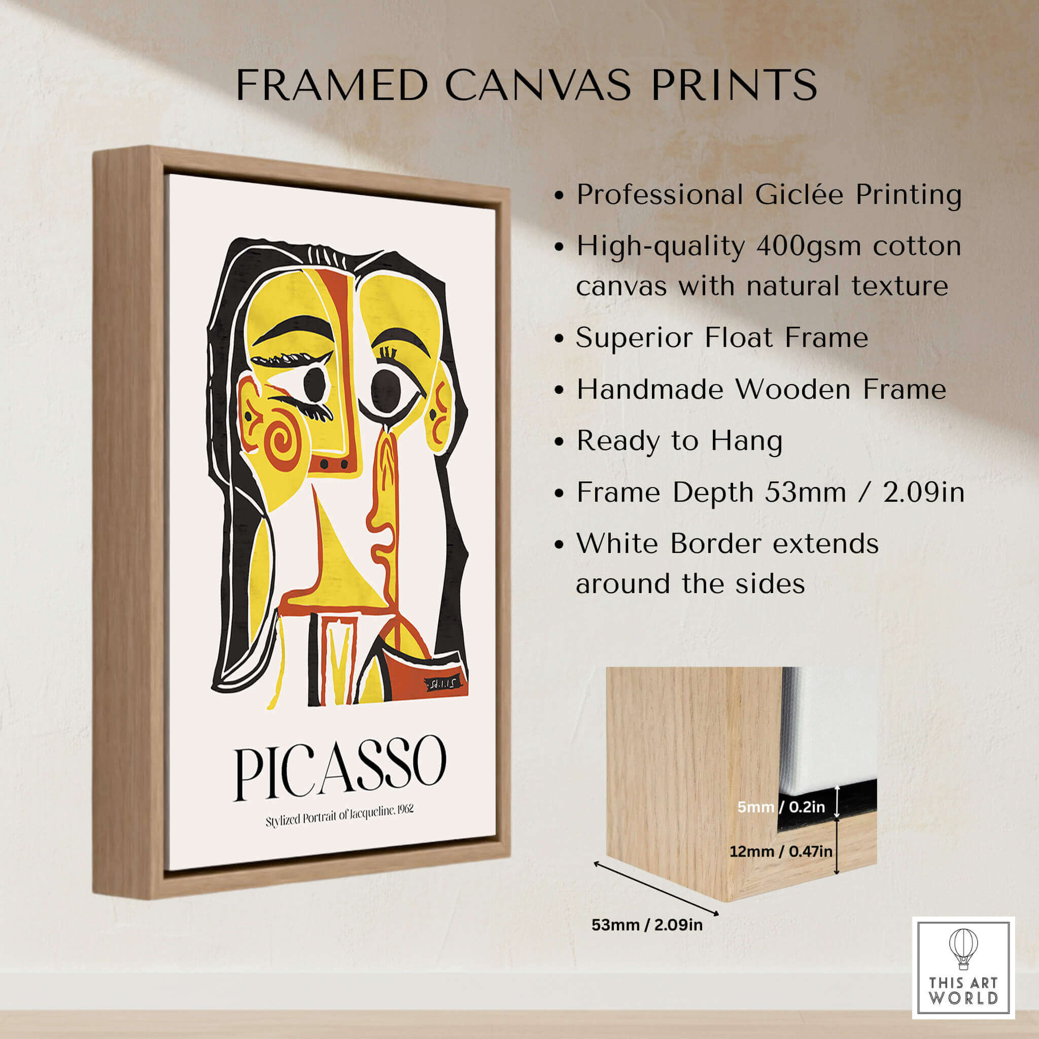 Picasso Stylized Portrait Jacqueline 1962 Abstract Art Print Yellow Red Poster in a framed canvas print.