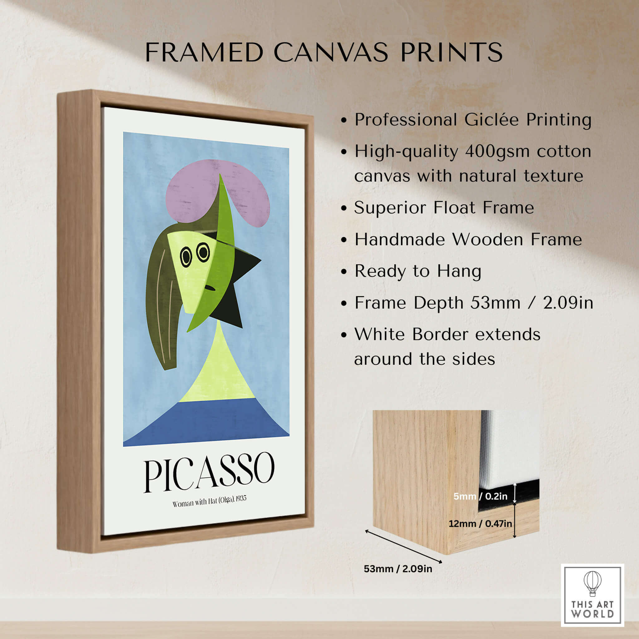 Picasso Woman Hat Olga 1935 Abstract Portrait Art Print Simple Shapes Poster Decor in a framed canvas design.