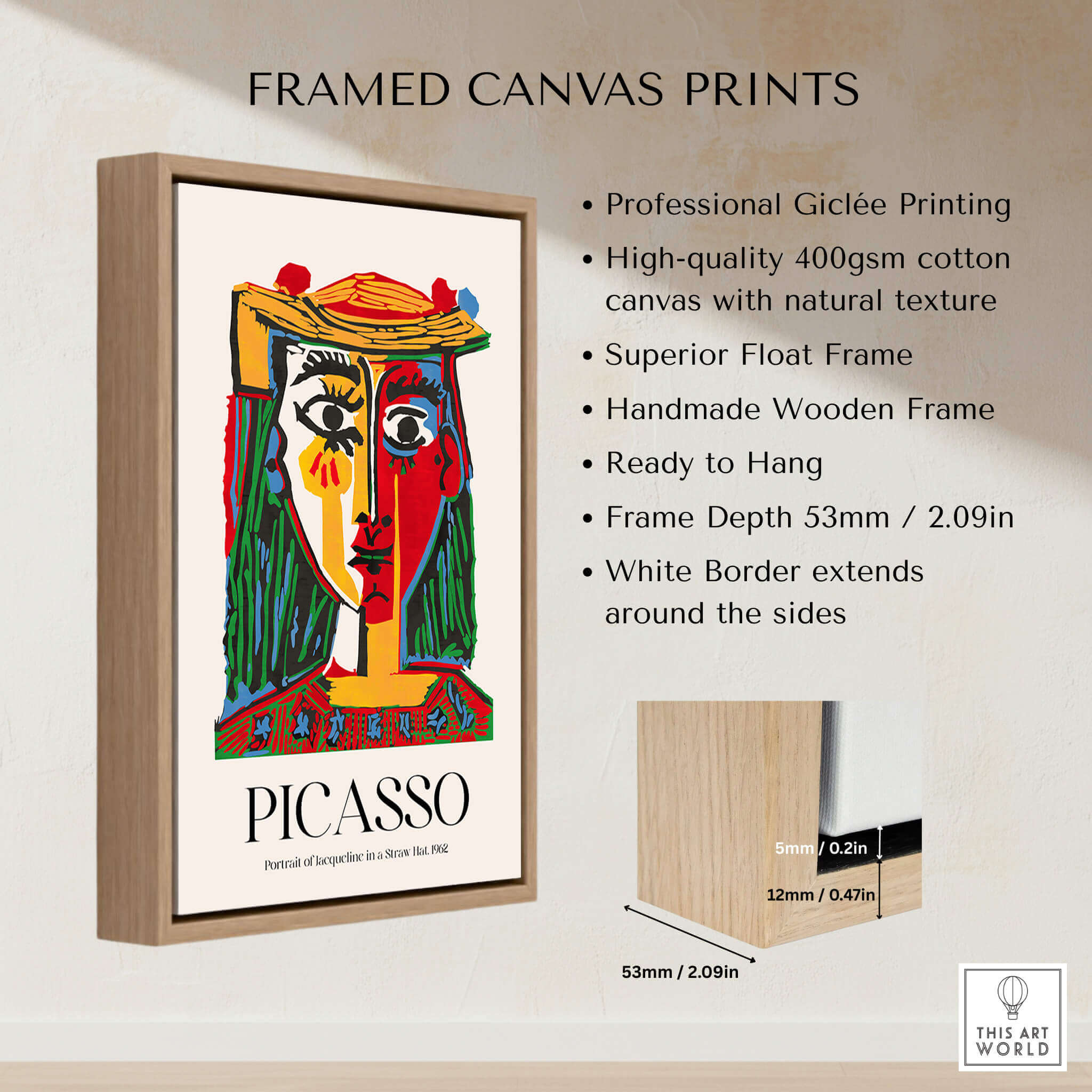 Picasso Portrait Jacqueline Straw Hat 1962 Colorful Abstract Art Print Modern Poster framed canvas print